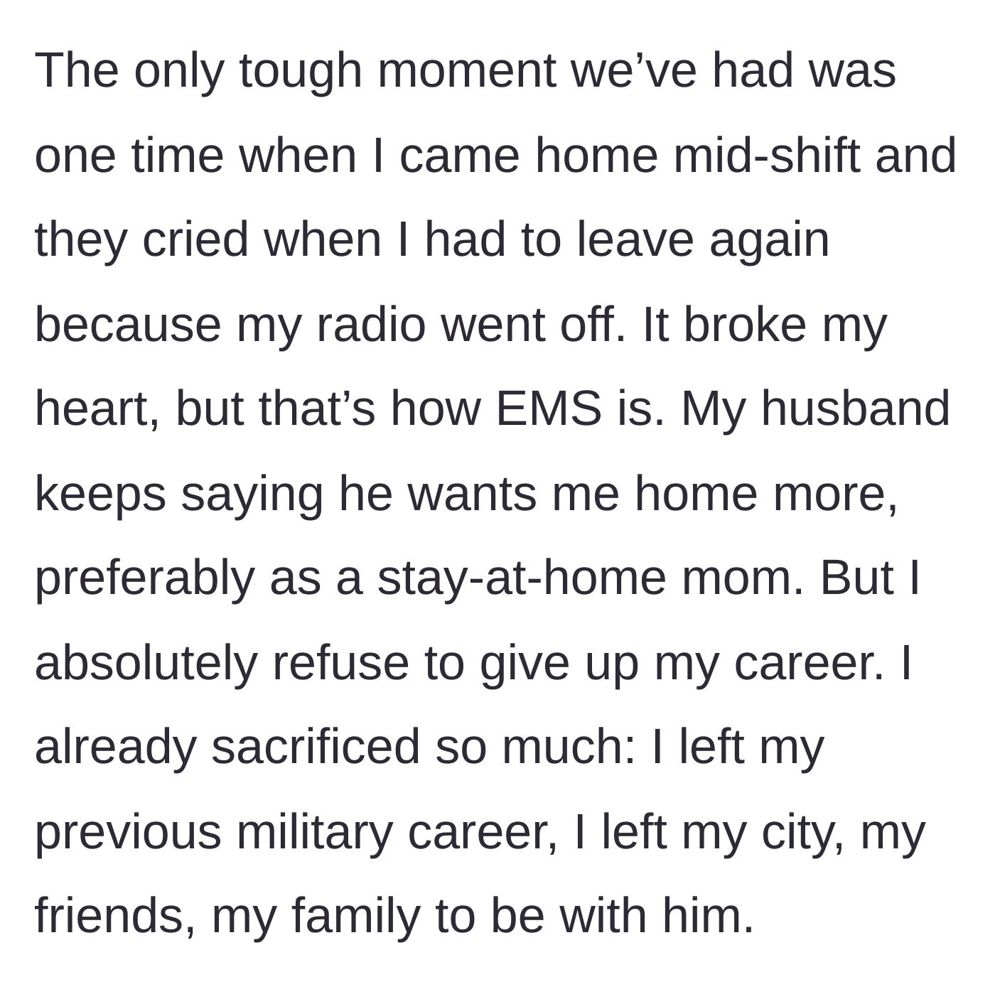 Story part 4 - A mother in a paramedic uniform giving her kids a quick, sad hug before rushing out the door to answer a radio call.