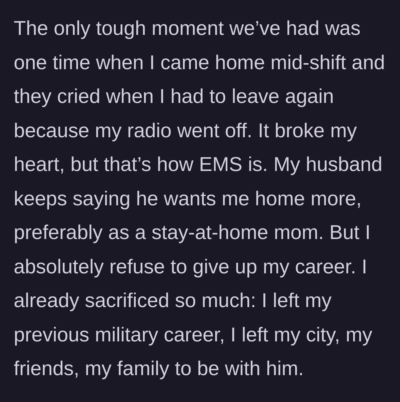 Story part 4 - A mother in a paramedic uniform giving her kids a quick, sad hug before rushing out the door to answer a radio call.