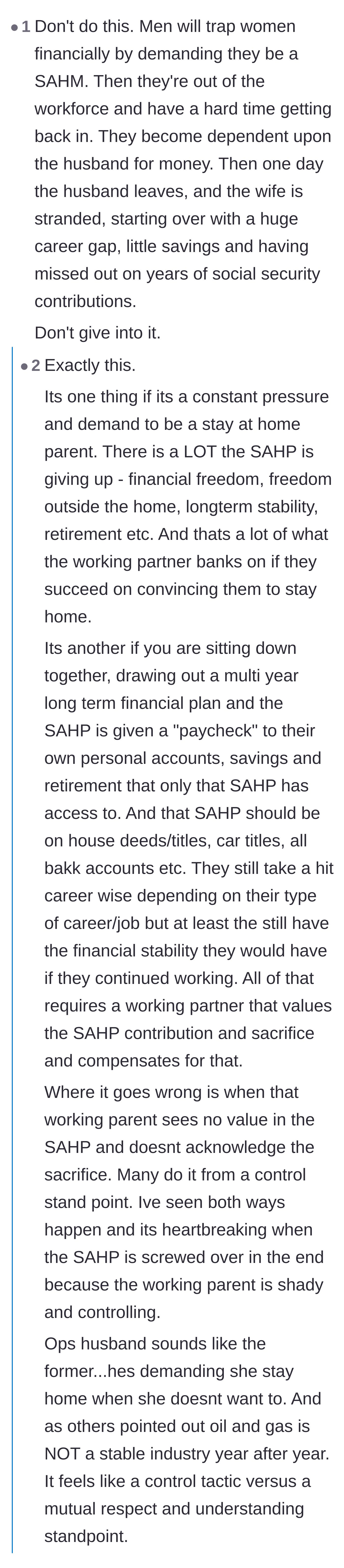 Comment thread 3 - A breakdown of how forced stay-at-home arrangements often act as a mechanism for financial control rather than family support.