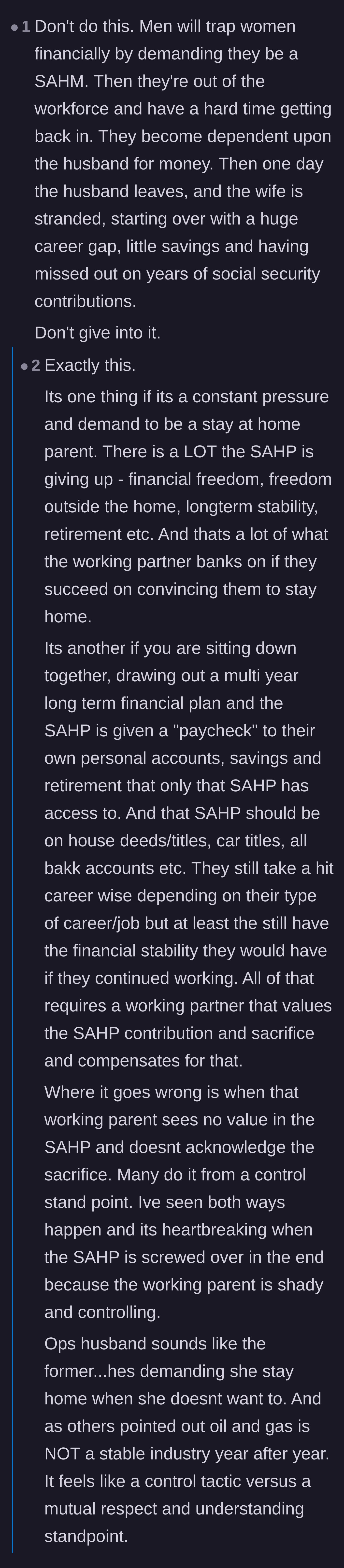 Comment thread 3 - A breakdown of how forced stay-at-home arrangements often act as a mechanism for financial control rather than family support.