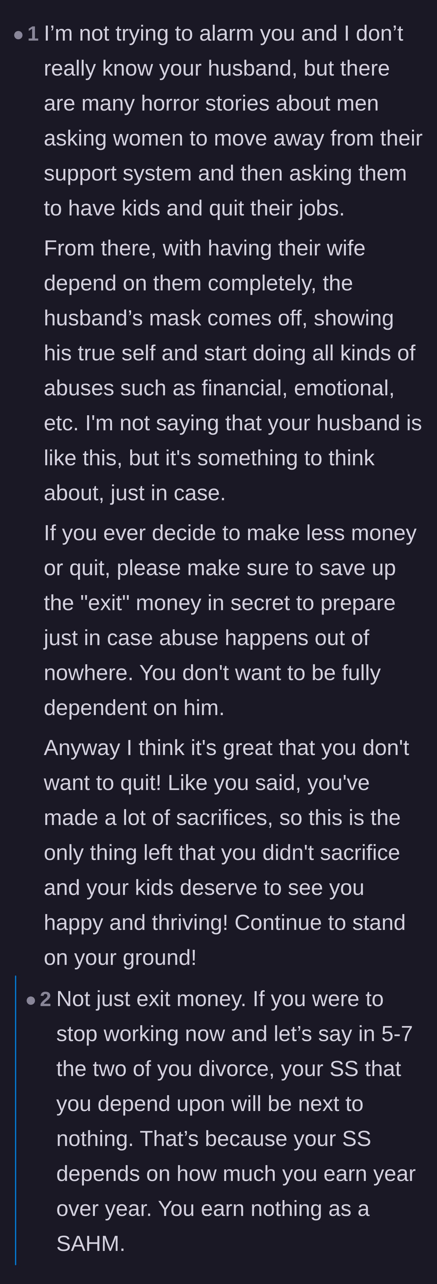 Comment thread 4 - A stark warning about the isolation pipeline of moving away, having children, and then being pressured to quit a career.