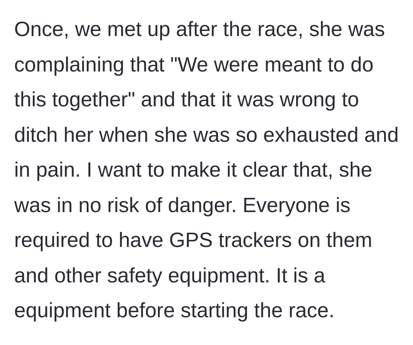 Story part 4 - A text block showing the friend's post-race confrontation, trying to guilt trip the runner for 'ditching' her, despite all safety protocols being in place.