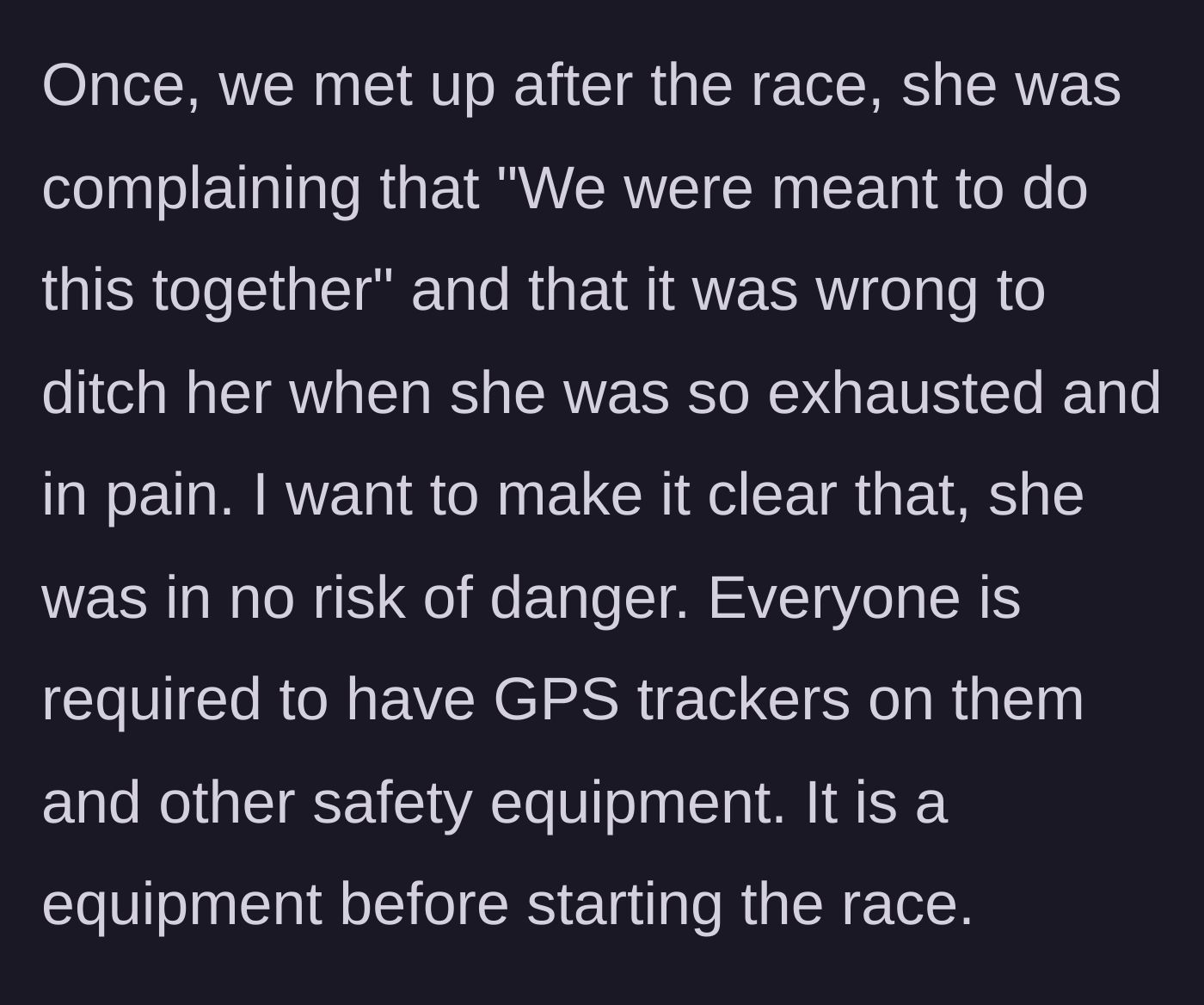 Story part 4 - A text block showing the friend's post-race confrontation, trying to guilt trip the runner for 'ditching' her, despite all safety protocols being in place.