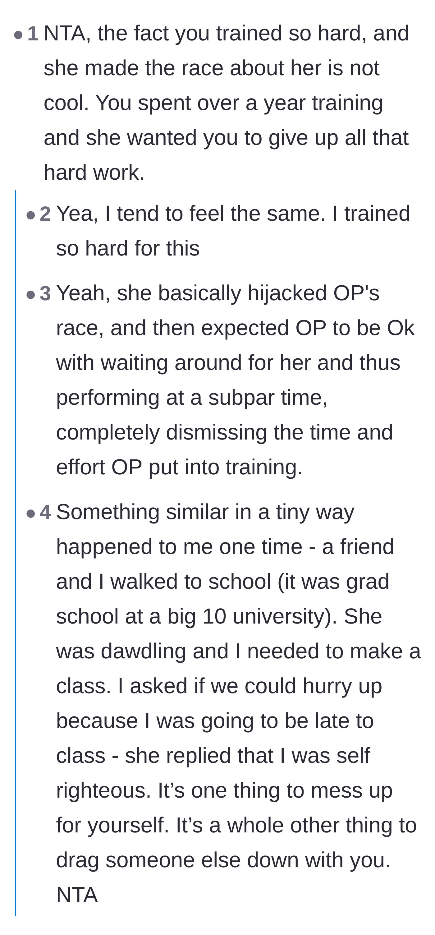Comment thread discussing how the friend hijacked the race and dismissed a year of the runner's hard work.