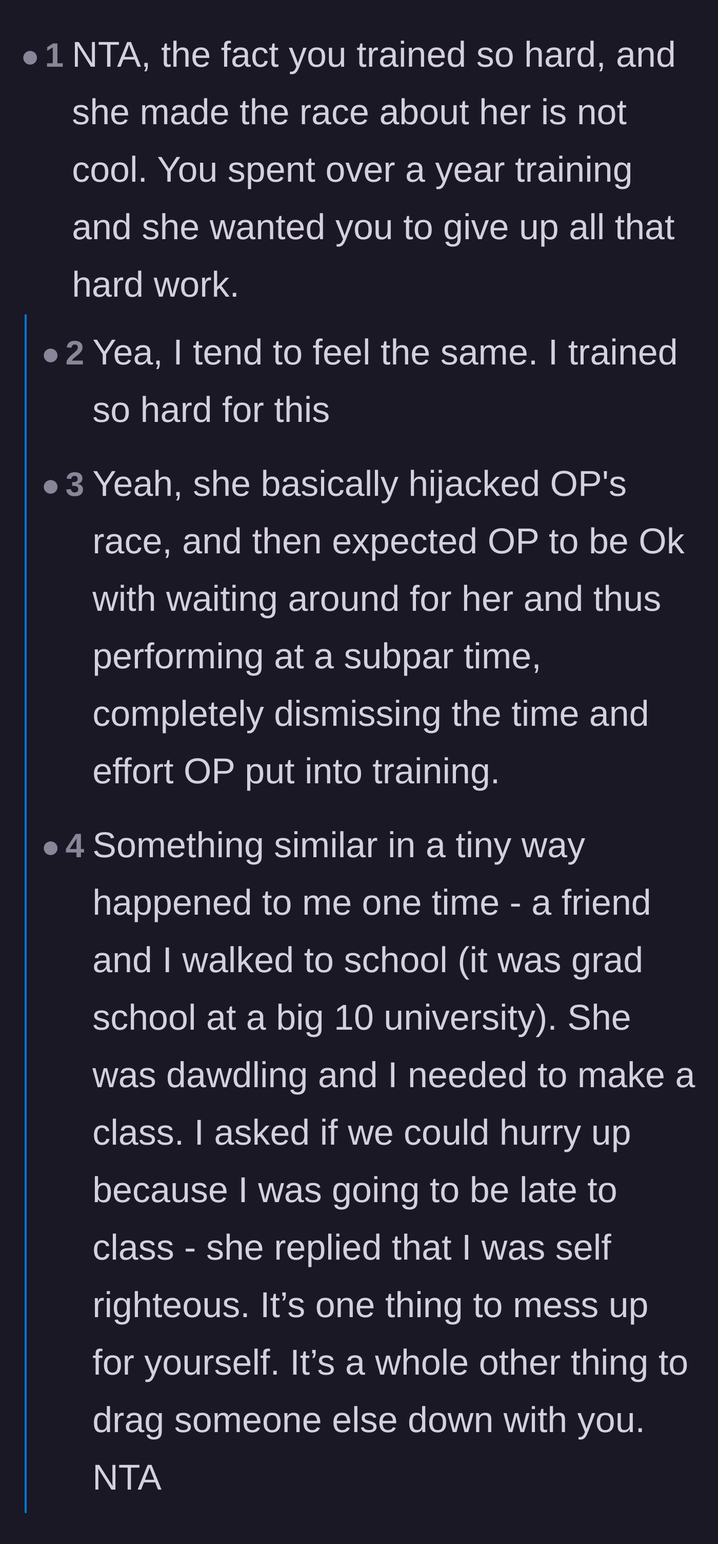 Comment thread discussing how the friend hijacked the race and dismissed a year of the runner's hard work.
