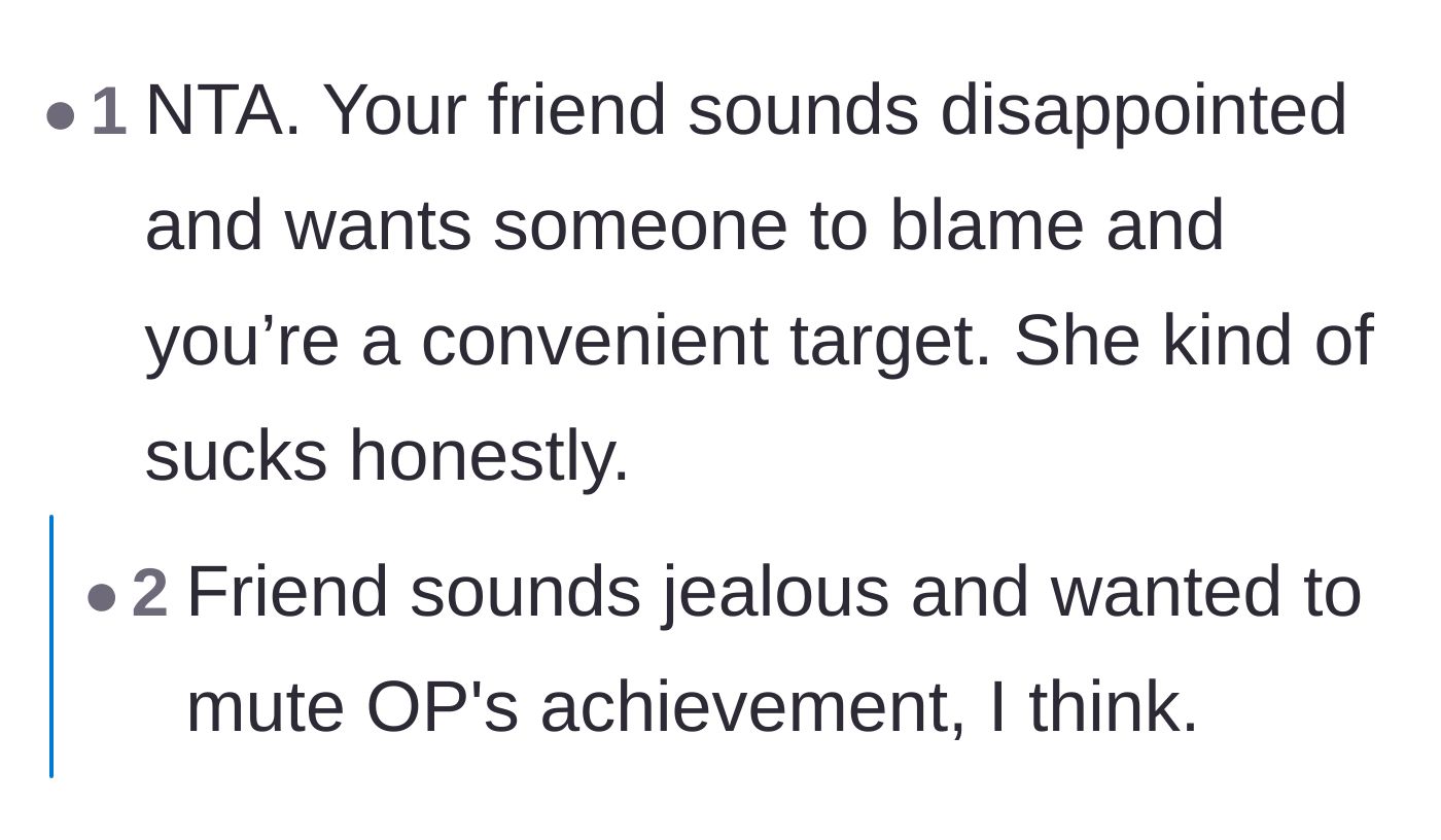 Comment thread calling out the friend for projecting her disappointment and secretly being jealous of the runner.