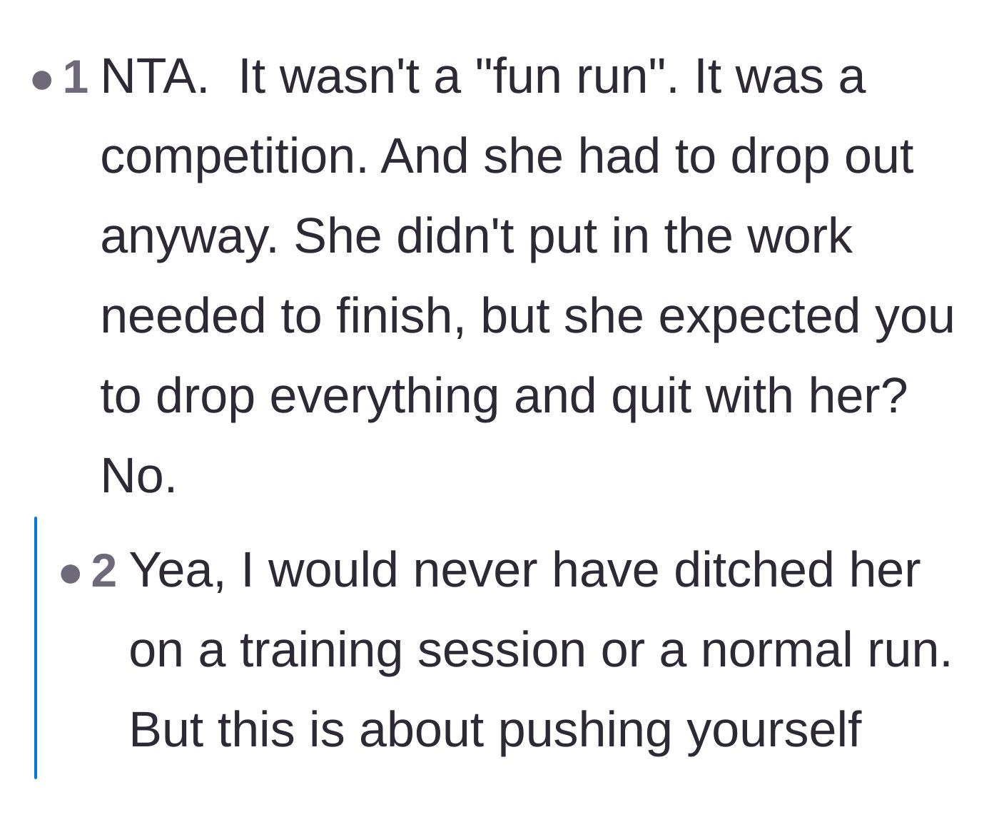 Comment thread comparing the friend's behavior to hijacking a vacation and reminding everyone it was a competition, not a fun run.