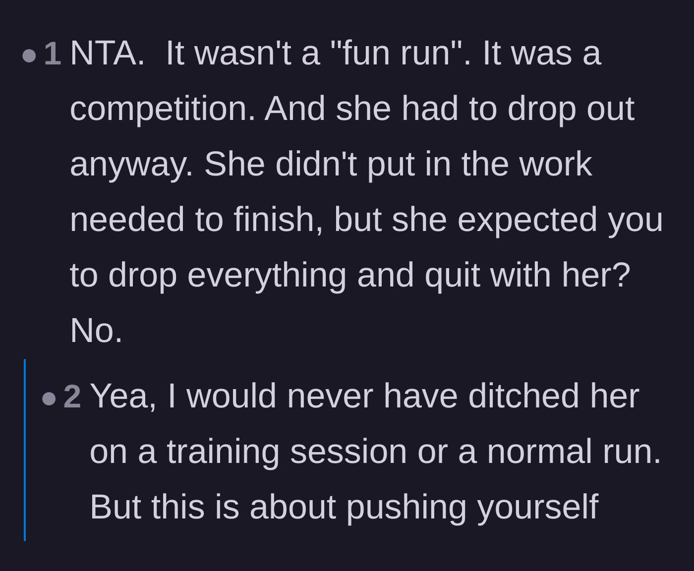 Comment thread comparing the friend's behavior to hijacking a vacation and reminding everyone it was a competition, not a fun run.