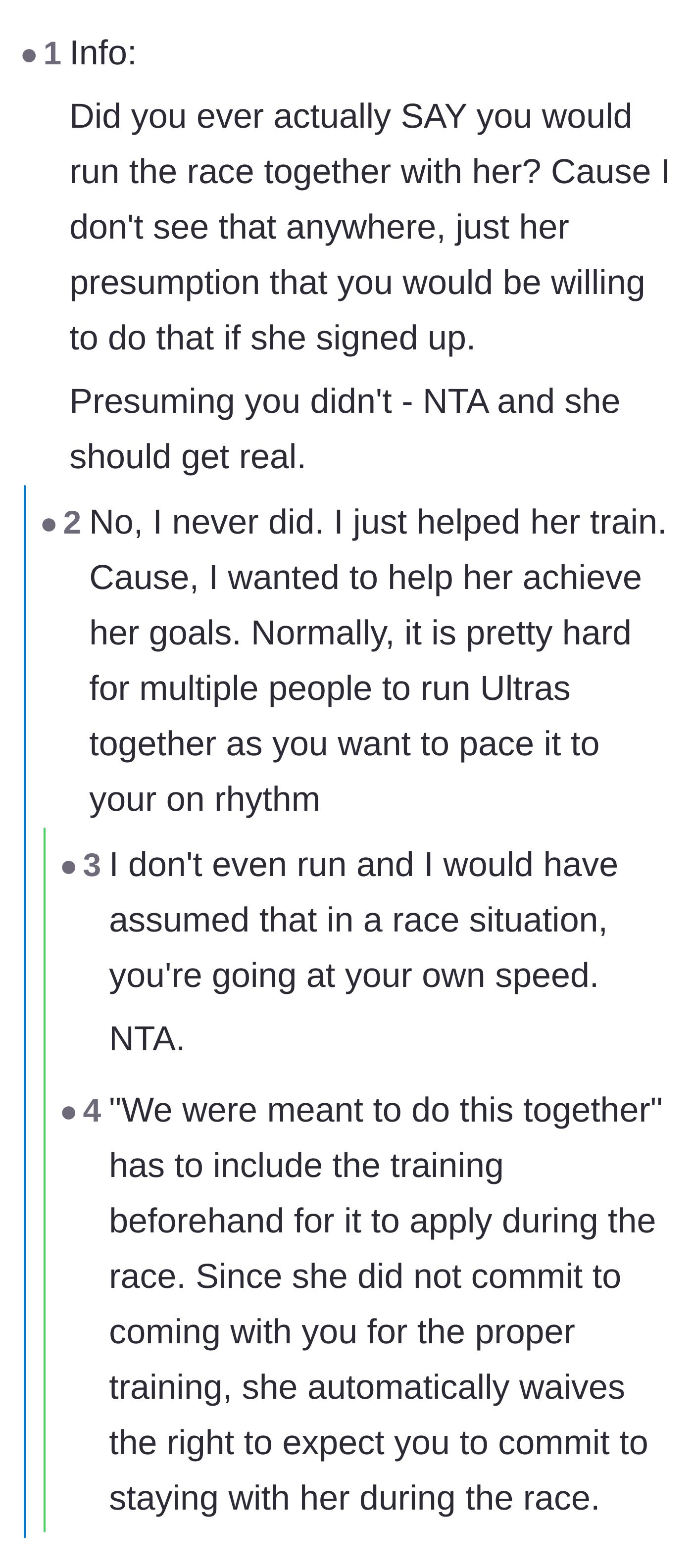 Comment thread pointing out that if they were truly doing the race together, the friend should have done the training together too.