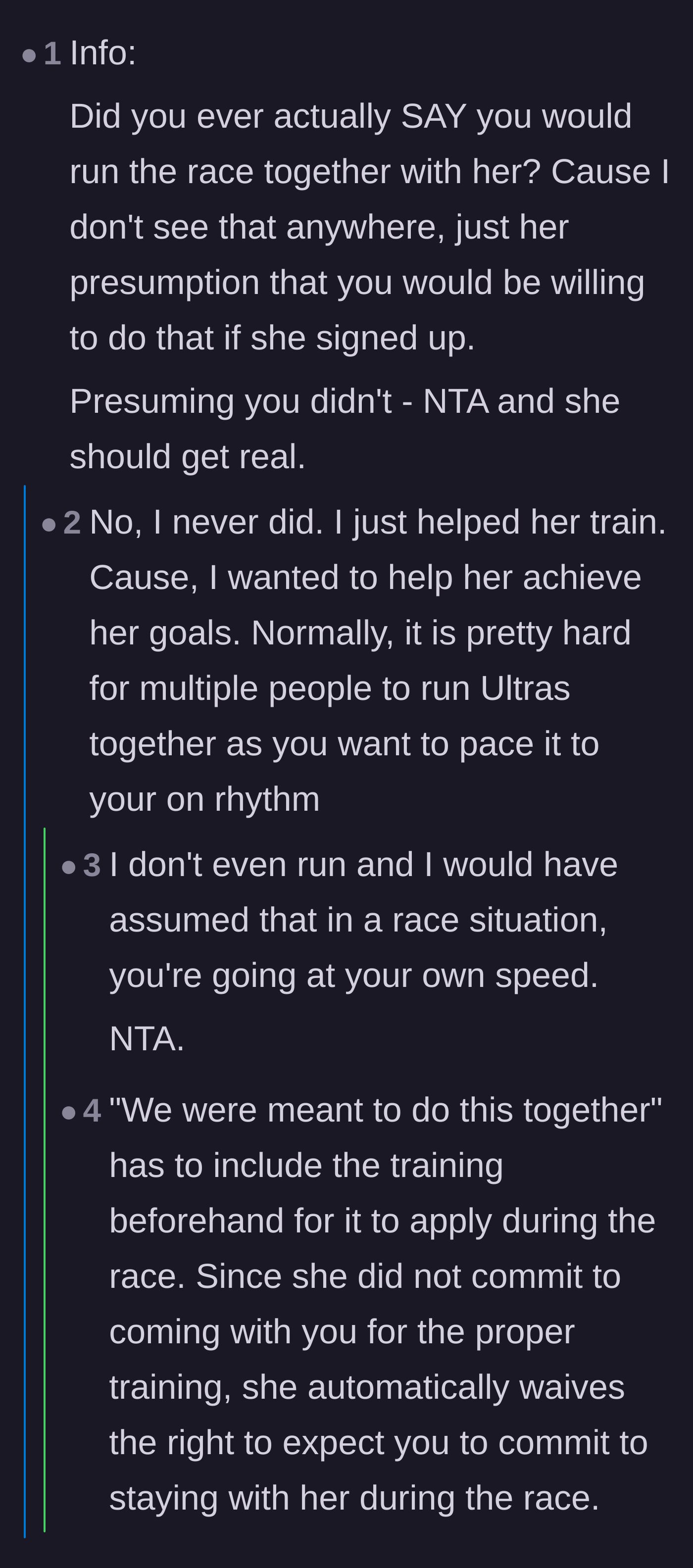 Comment thread pointing out that if they were truly doing the race together, the friend should have done the training together too.
