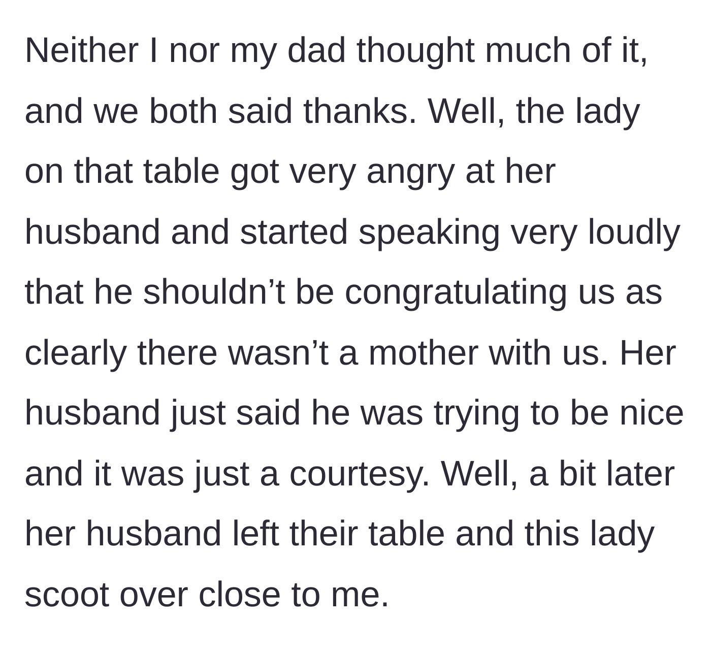 Story part 2 - The stranger's wife scolds her husband for the greeting, then slides over to interrogate the teenage daughter.