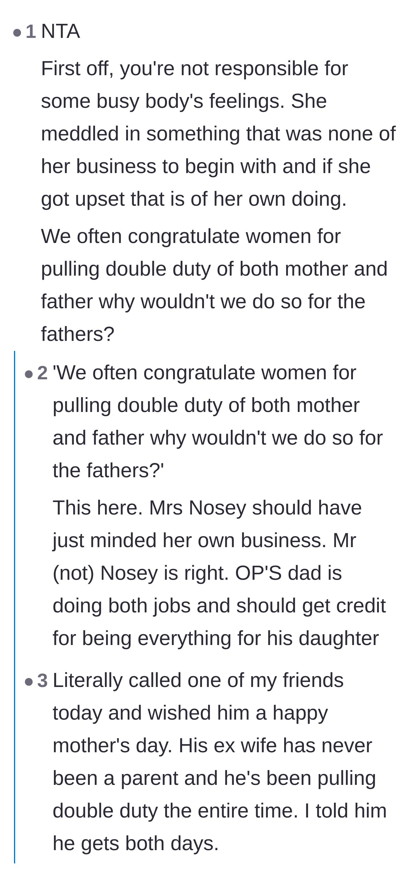Comment thread 1 - Readers defend single fathers doing double duty and speculate the stranger was projecting her own family drama.