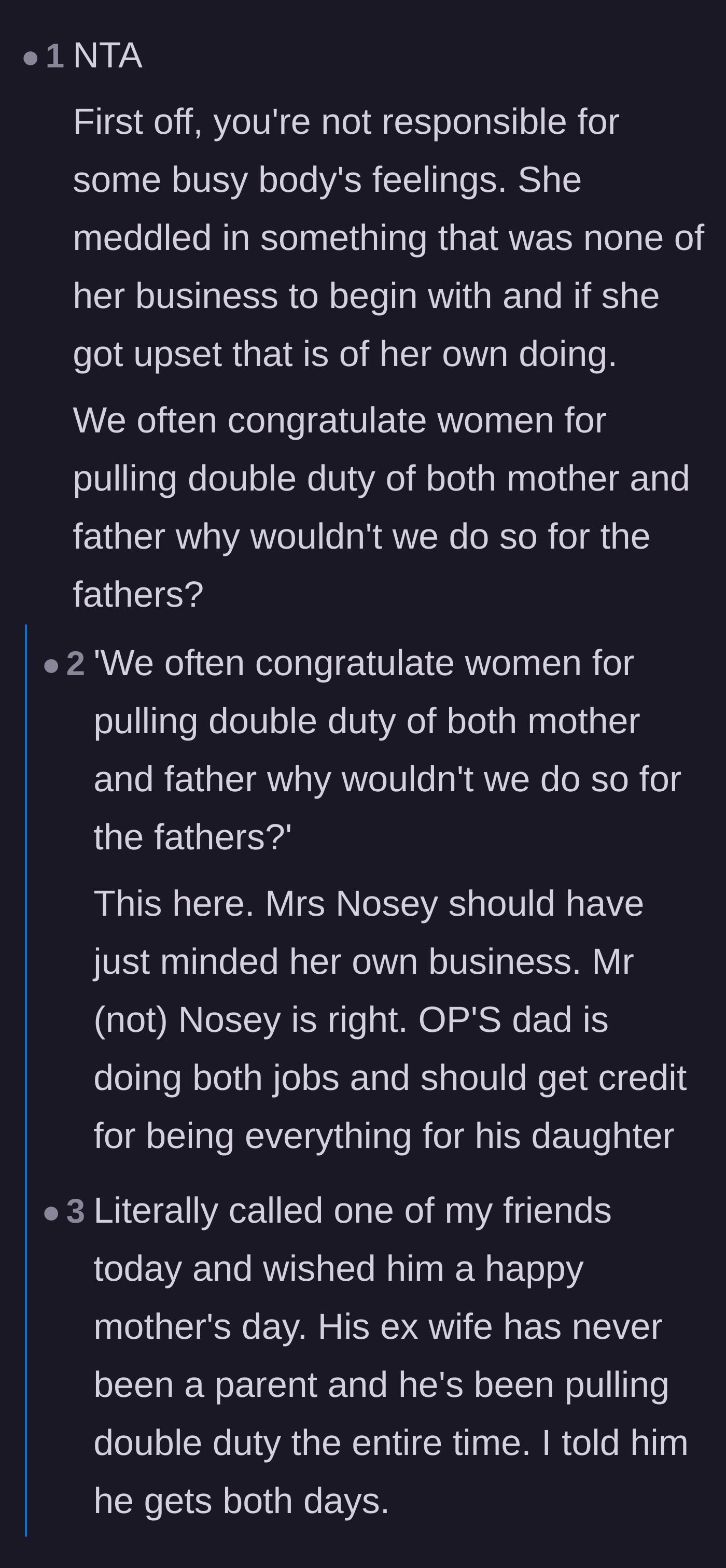 Comment thread 1 - Readers defend single fathers doing double duty and speculate the stranger was projecting her own family drama.