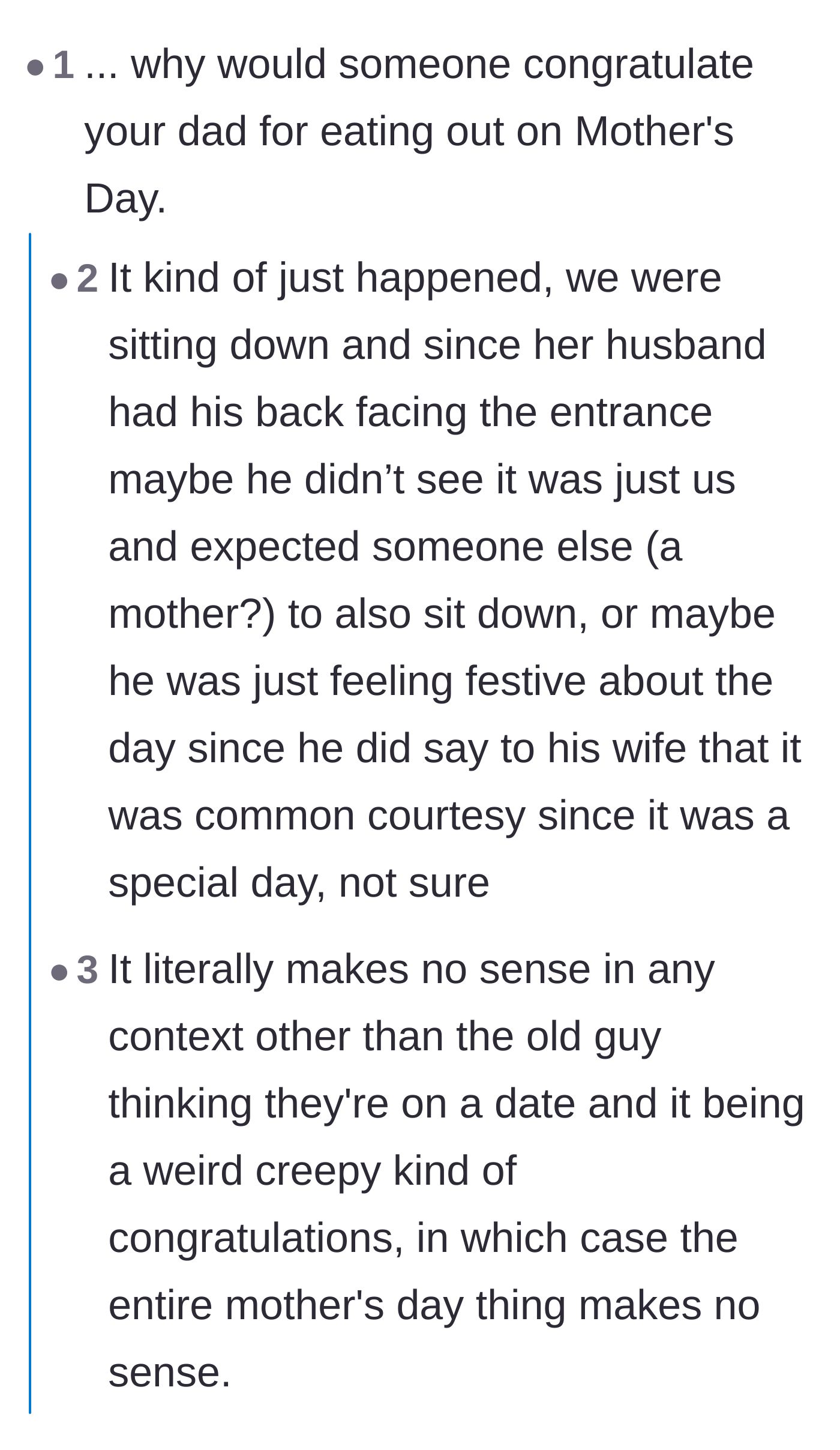 Comment thread 6 - Sleuthing readers try to figure out why the husband said congratulations, theorizing he creepily mistook the daughter for a young wife.