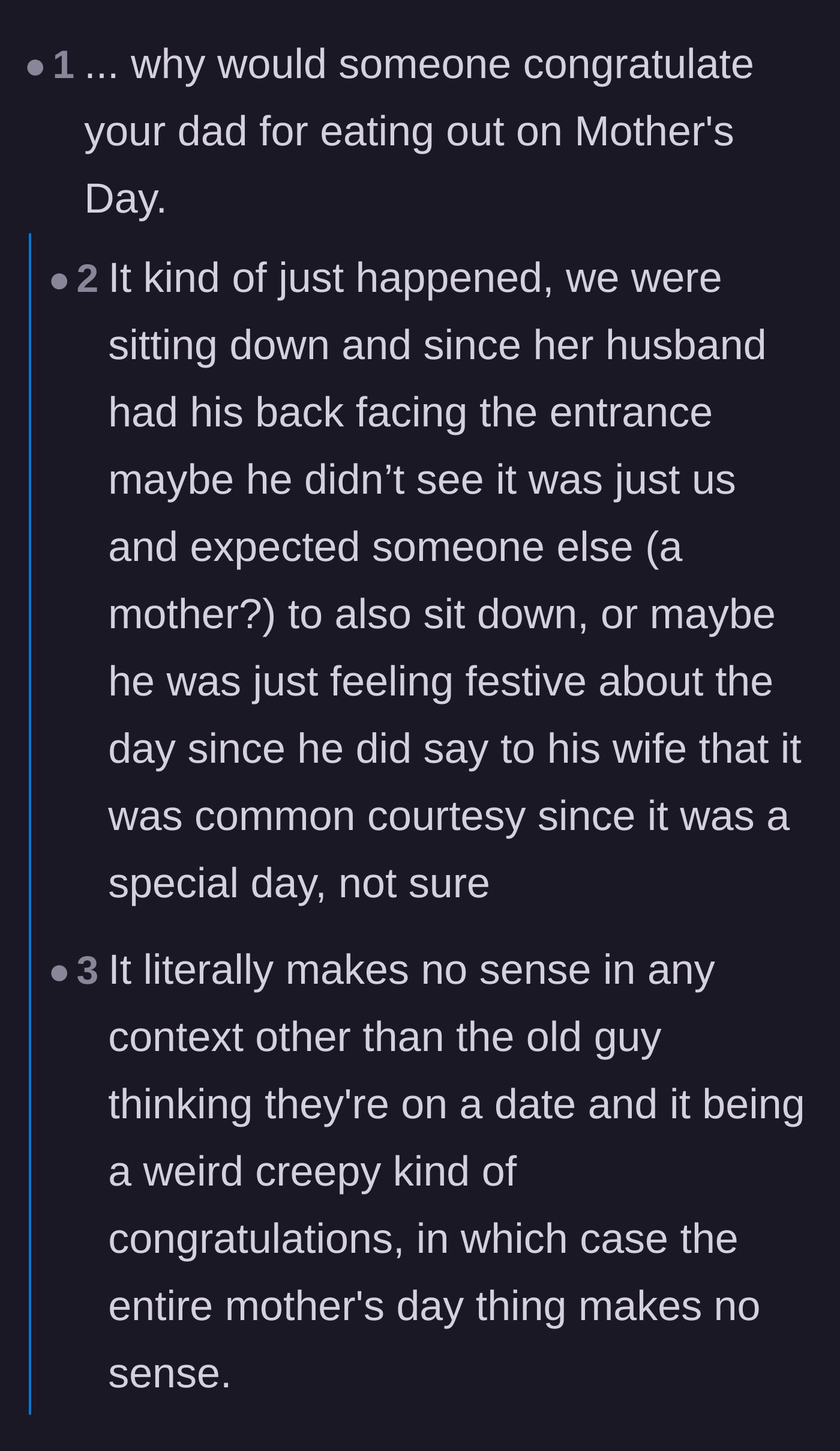 Comment thread 6 - Sleuthing readers try to figure out why the husband said congratulations, theorizing he creepily mistook the daughter for a young wife.
