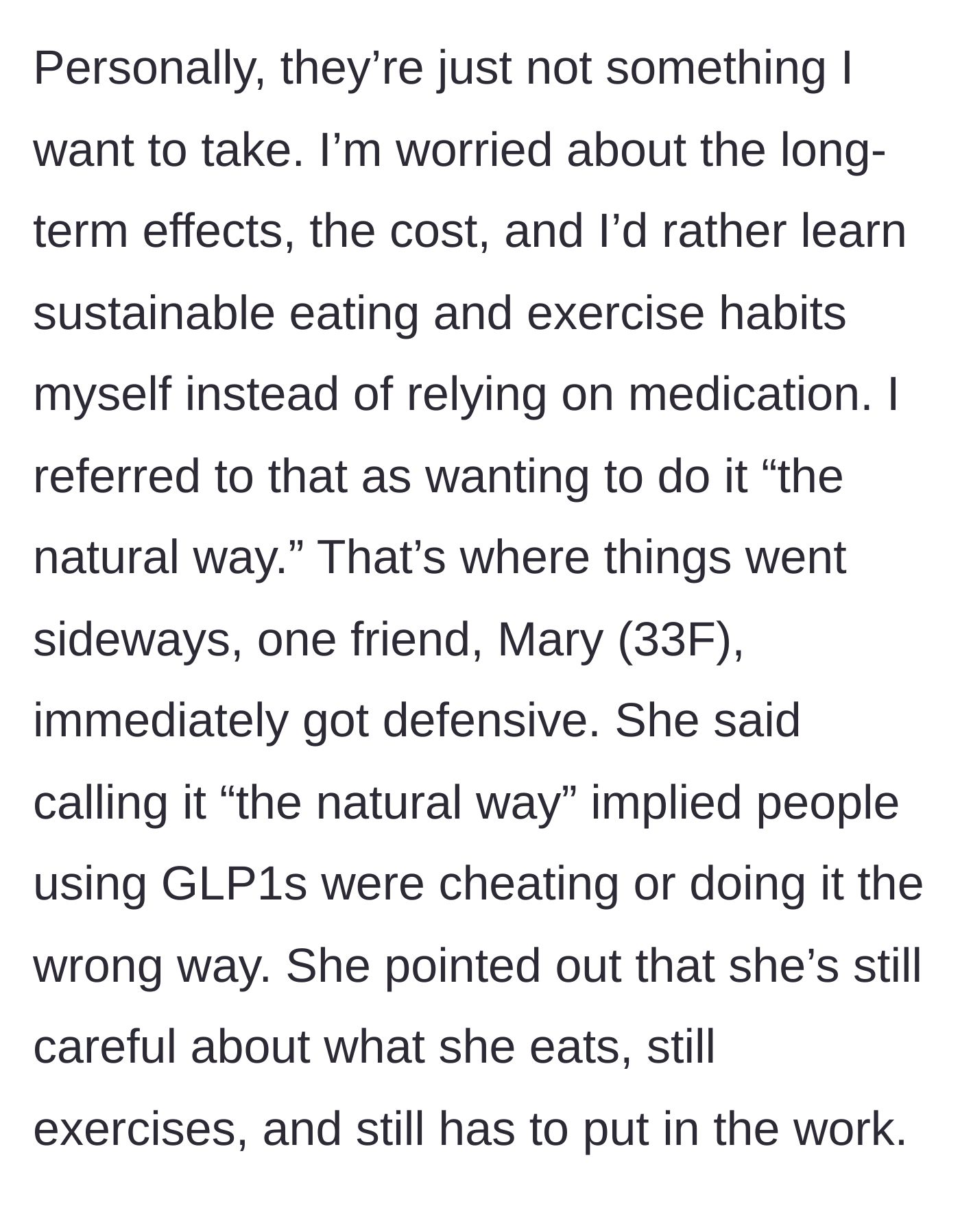 Story part 3 - He expresses his preference for losing weight 'the natural way,' causing his friend Mary to become deeply defensive.
