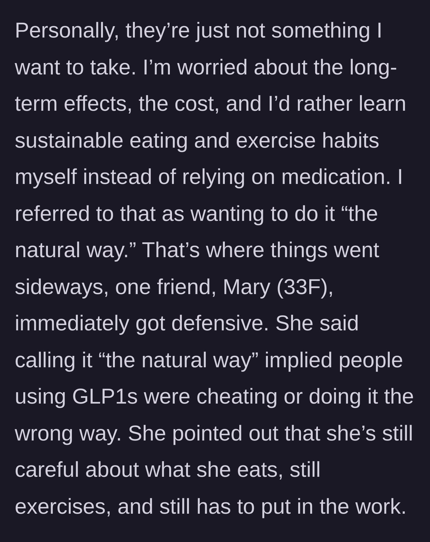 Story part 3 - He expresses his preference for losing weight 'the natural way,' causing his friend Mary to become deeply defensive.