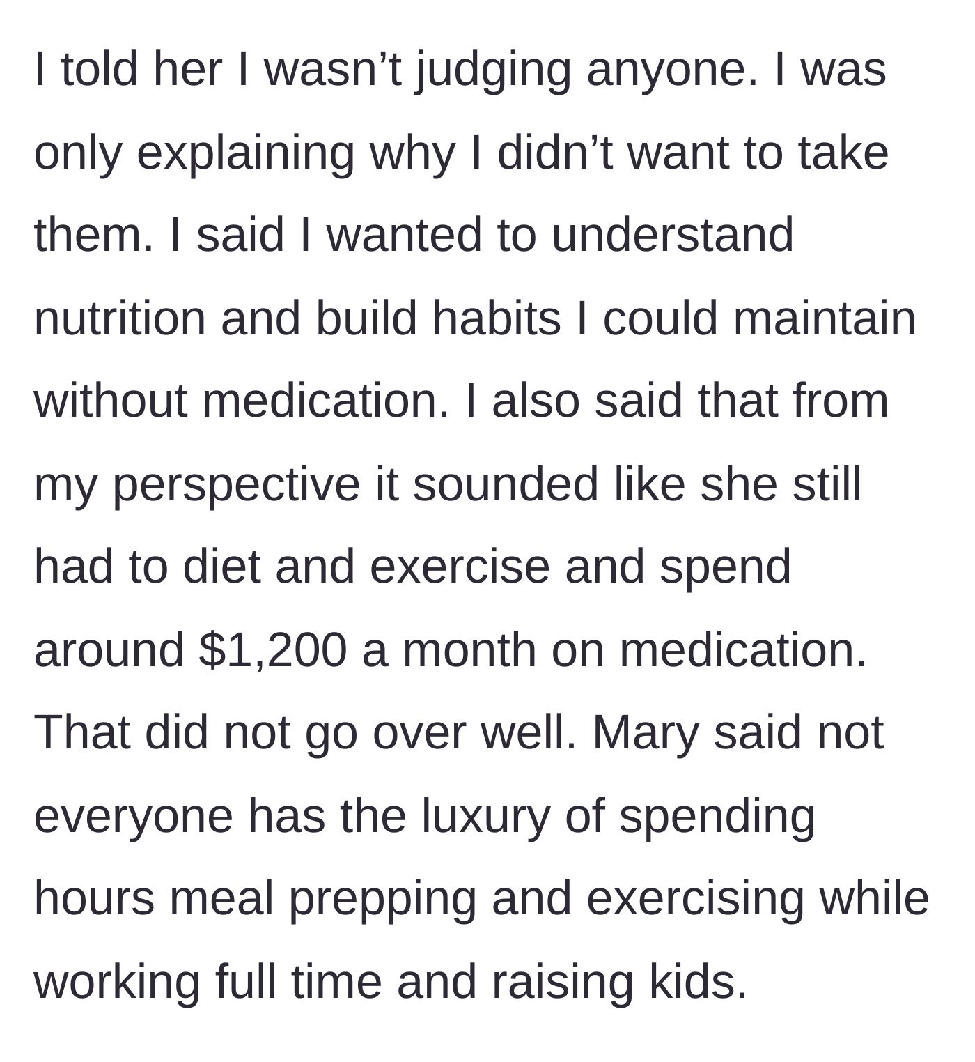 Story part 4 - He defends his choice and critiques the $1,200 monthly cost, leading Mary to argue about the luxury of free time.