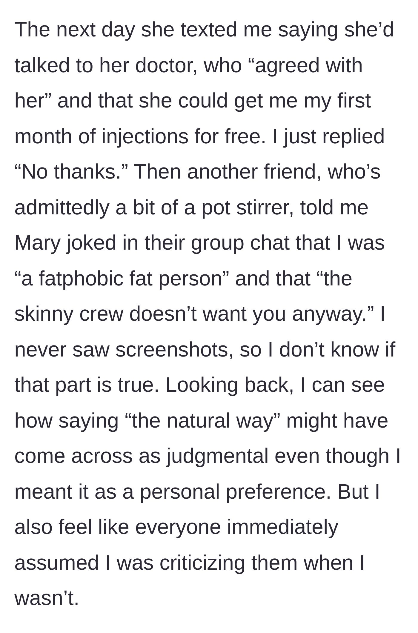 Story part 6 - Mary tries to offer him free medication through her doctor, and rumors circulate that she insulted him in a group chat.