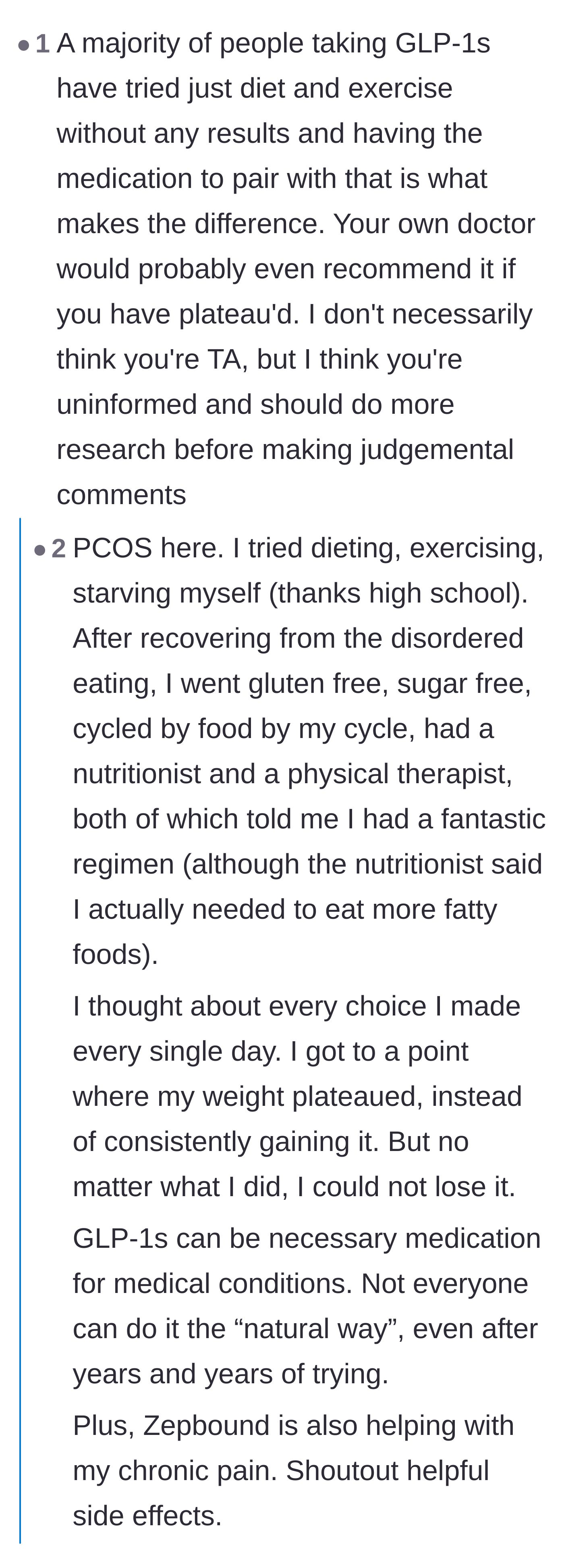 Comment thread 1 - Readers debate medical conditions like PCOS and the reality of trying to lose weight before using GLP-1 medications.