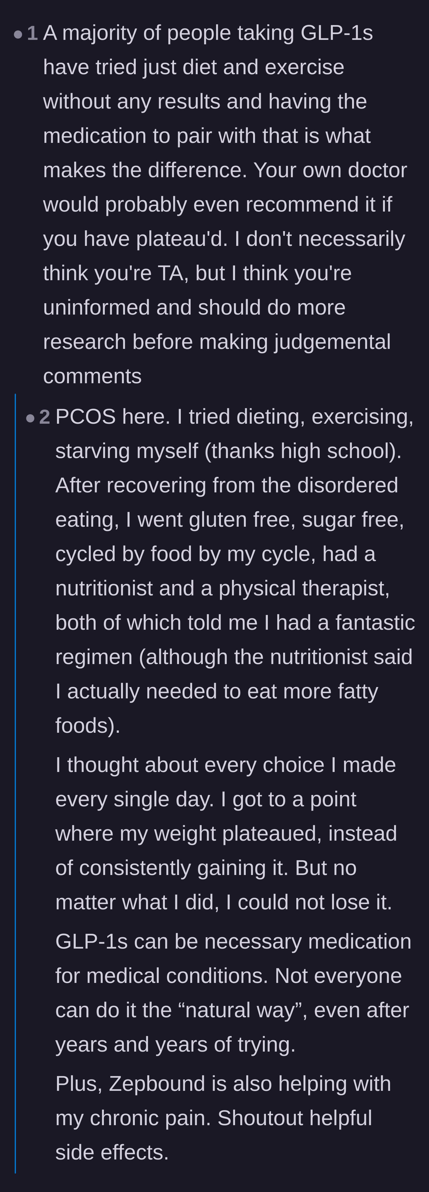 Comment thread 1 - Readers debate medical conditions like PCOS and the reality of trying to lose weight before using GLP-1 medications.