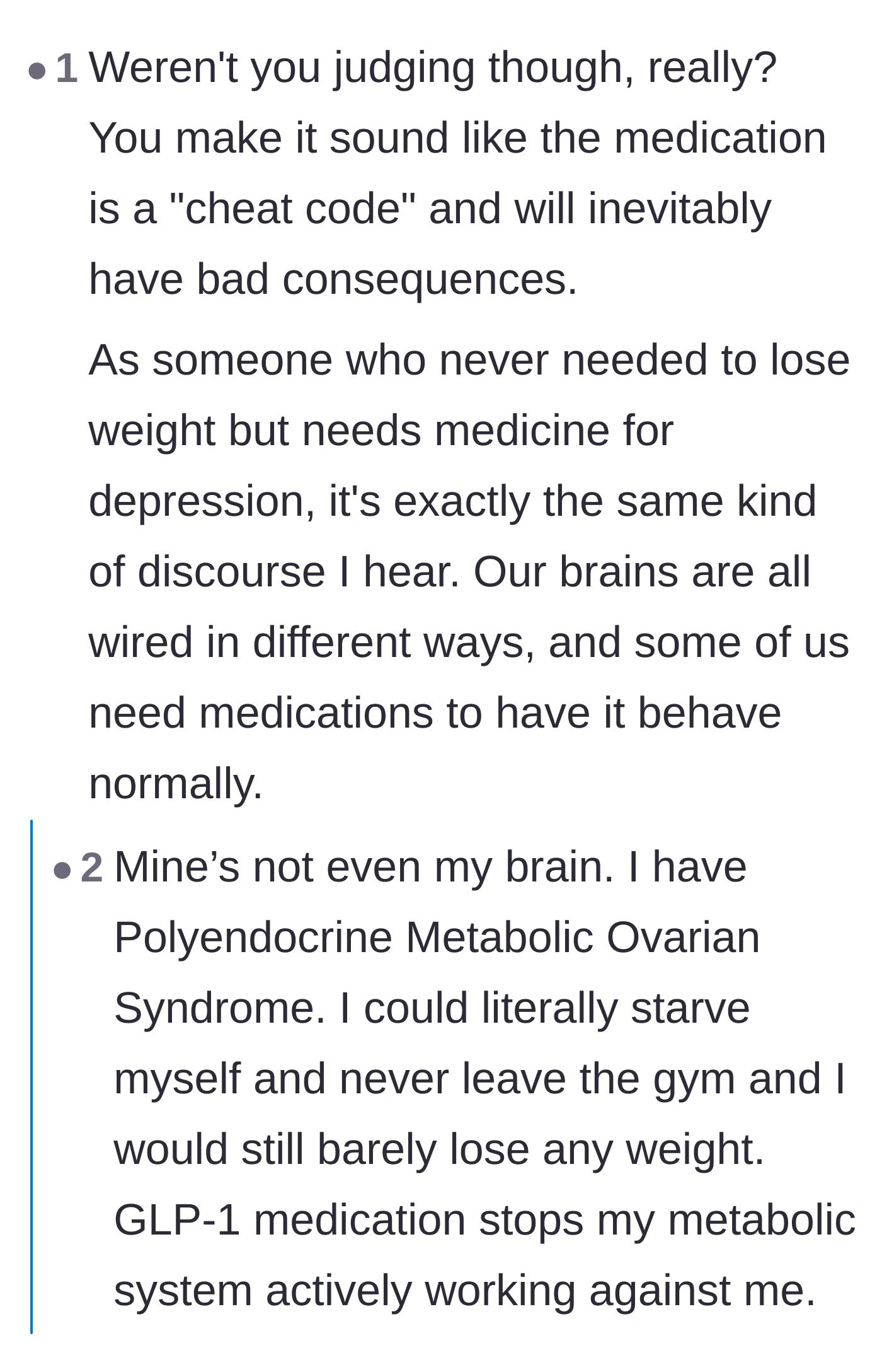 Comment thread 2 - A deep dive into comparing GLP-1 medications to mental health treatments and the debate over thermodynamics versus metabolic disorders.