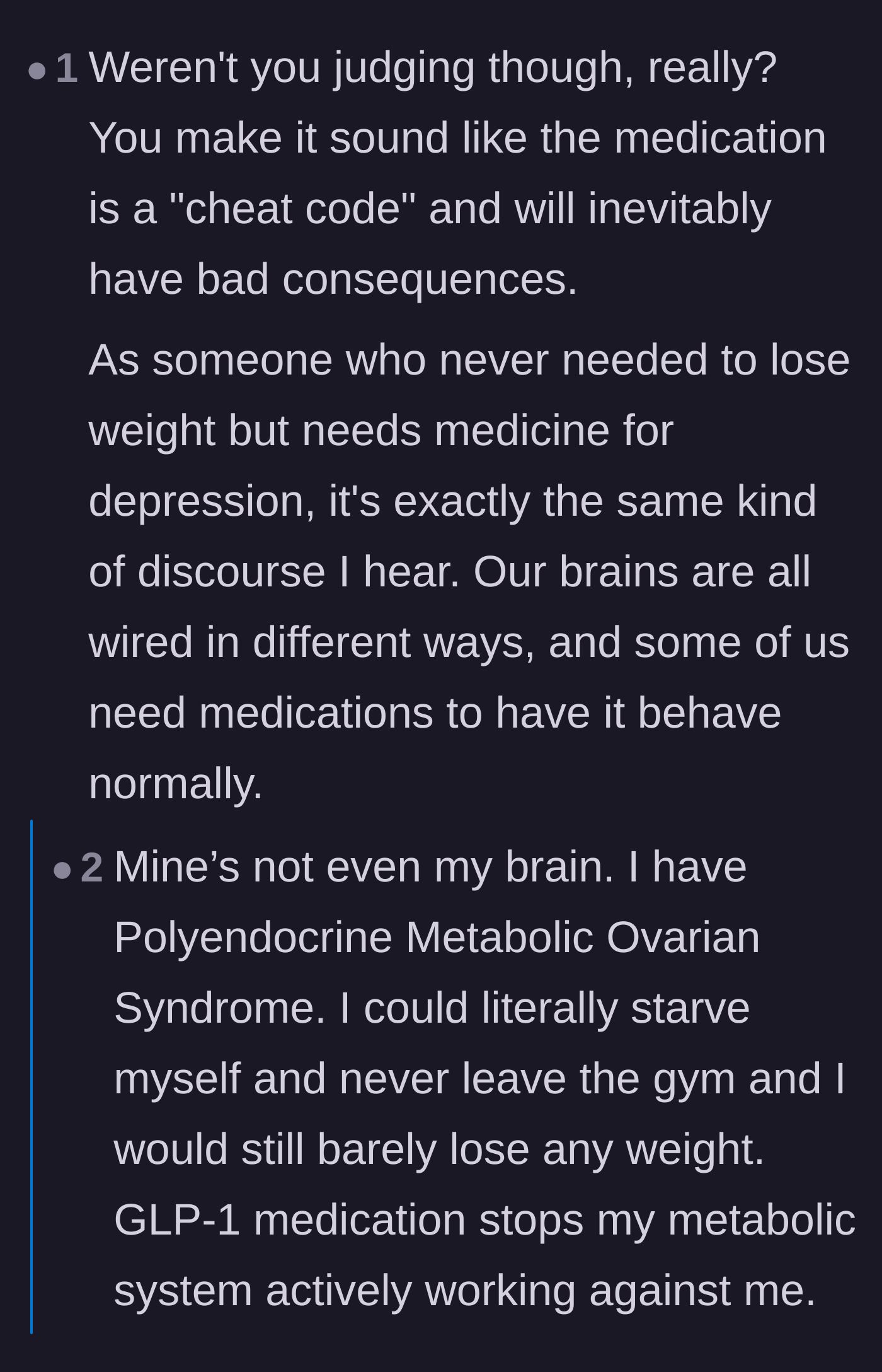 Comment thread 2 - A deep dive into comparing GLP-1 medications to mental health treatments and the debate over thermodynamics versus metabolic disorders.