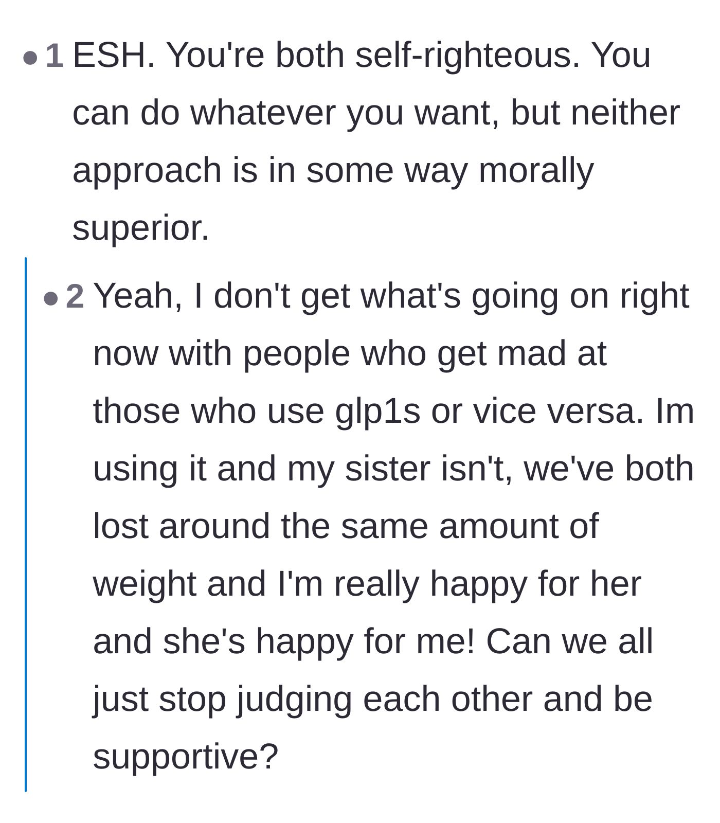 Comment thread 4 - Discussion on self-righteousness, competitive friend dynamics, and alarming eating disorder red flags triggered by rapid weight loss.