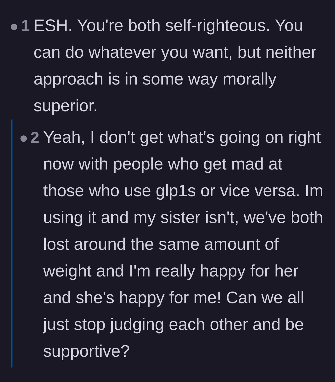Comment thread 4 - Discussion on self-righteousness, competitive friend dynamics, and alarming eating disorder red flags triggered by rapid weight loss.