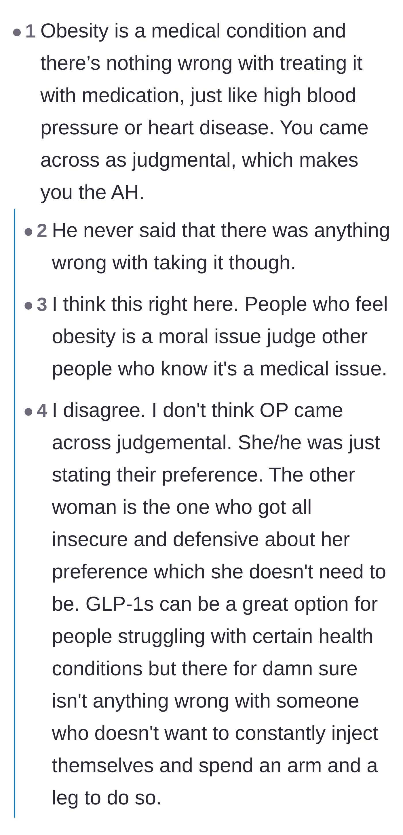 Comment thread 5 - Analyzing whether treating obesity as a medical condition makes the main character's eye-roll and tone inherently judgmental.