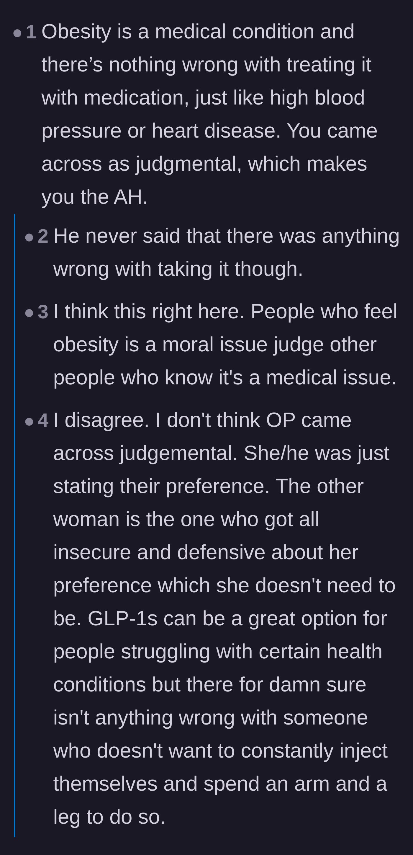 Comment thread 5 - Analyzing whether treating obesity as a medical condition makes the main character's eye-roll and tone inherently judgmental.