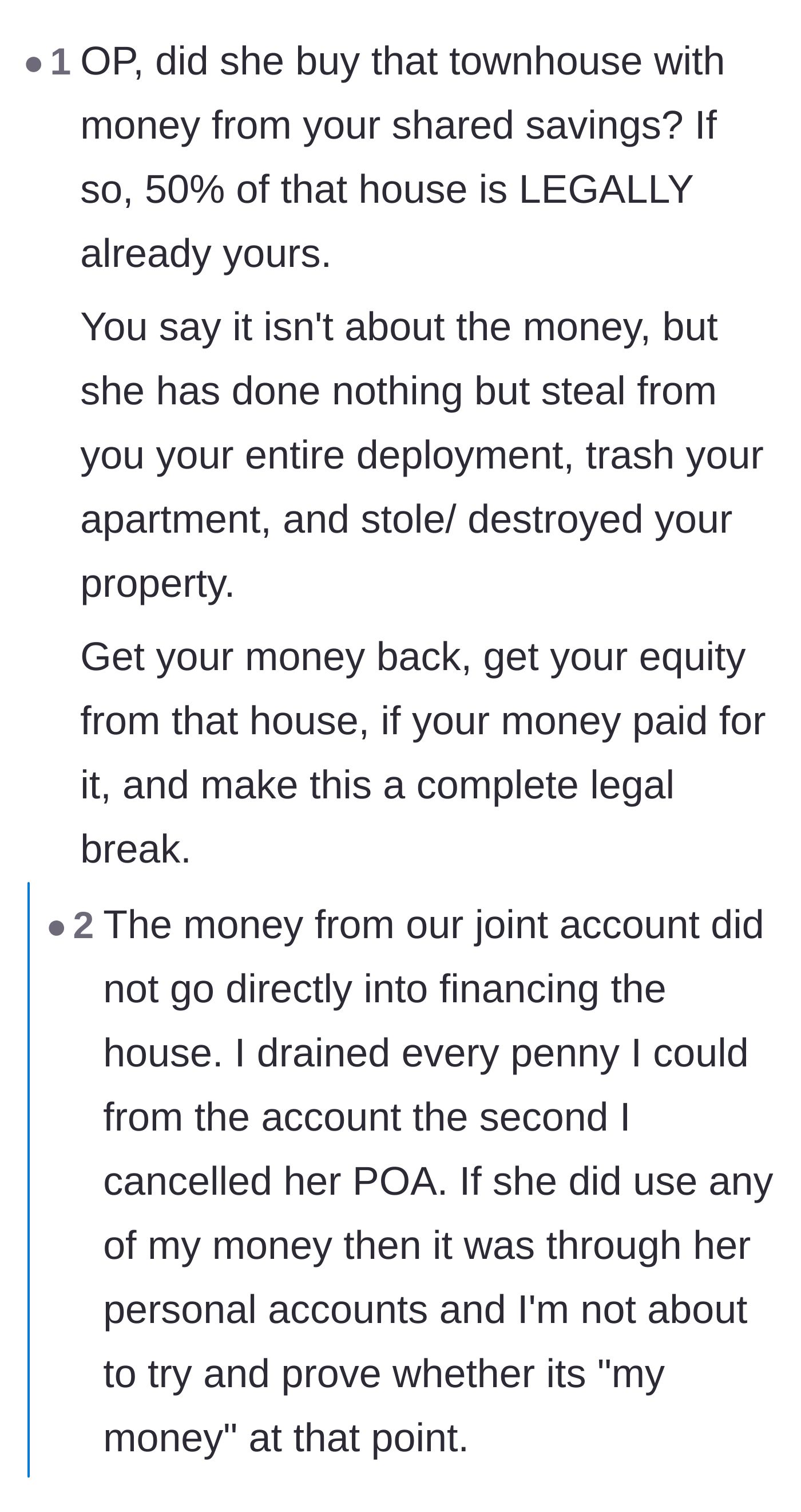 Comment thread 2 - Discussion about whether the main character is legally entitled to equity in the secretly purchased townhouse.