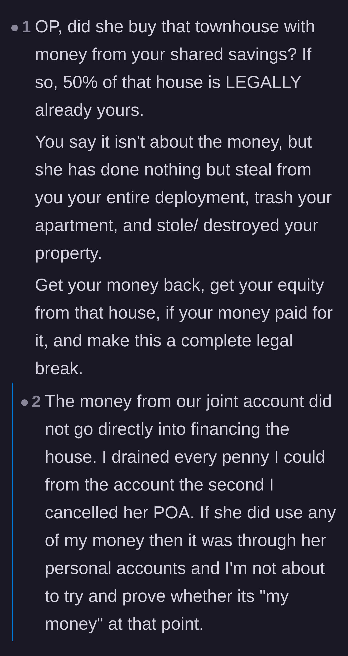 Comment thread 2 - Discussion about whether the main character is legally entitled to equity in the secretly purchased townhouse.