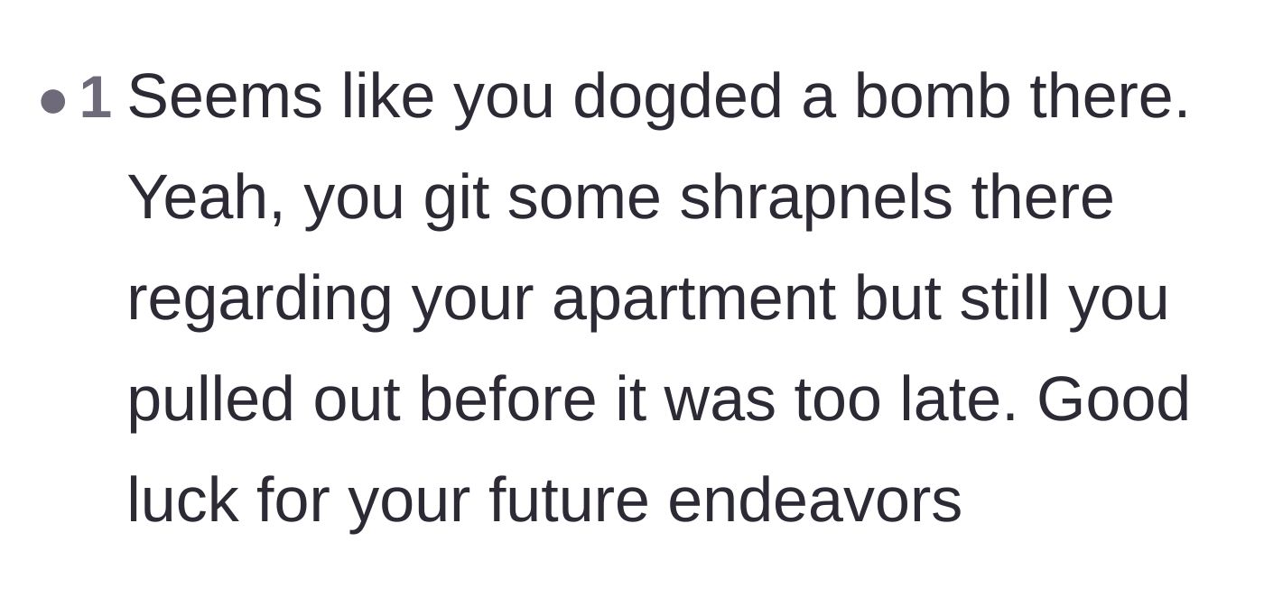 Comment thread 4 - A commenter comparing the messy breakup to dodging a bomb and taking a little shrapnel.