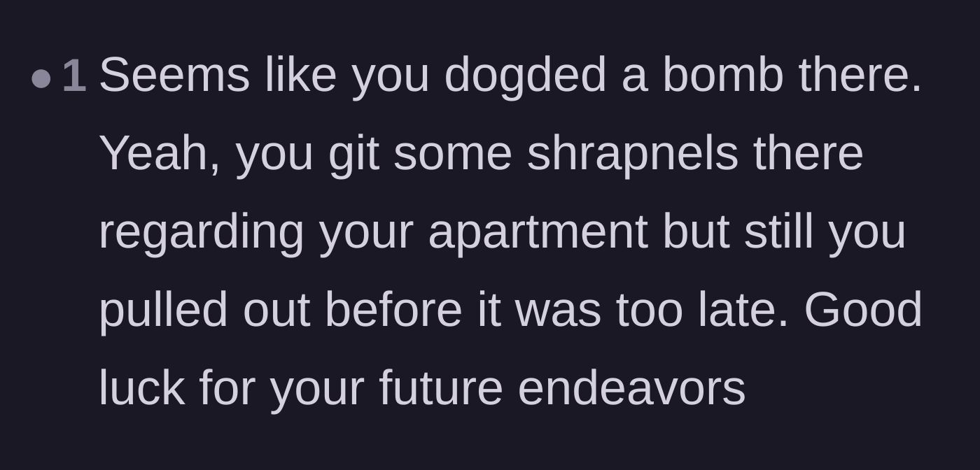 Comment thread 4 - A commenter comparing the messy breakup to dodging a bomb and taking a little shrapnel.