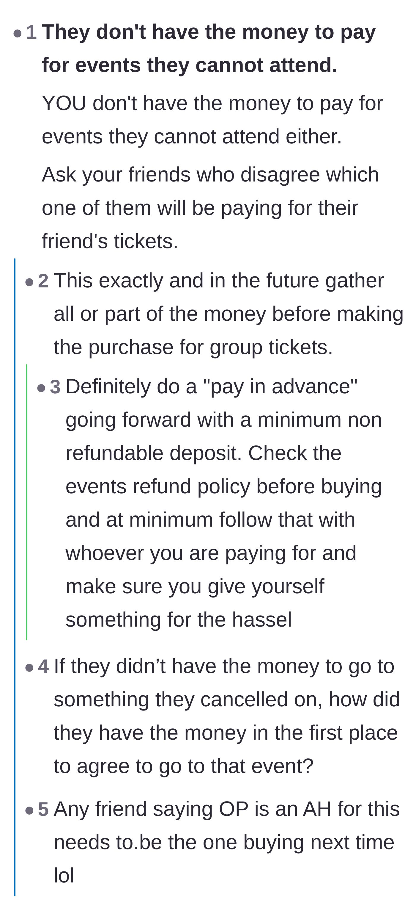Comment thread 2 - Questioning the logic of the friend's budget and challenging the rest of the group to pay