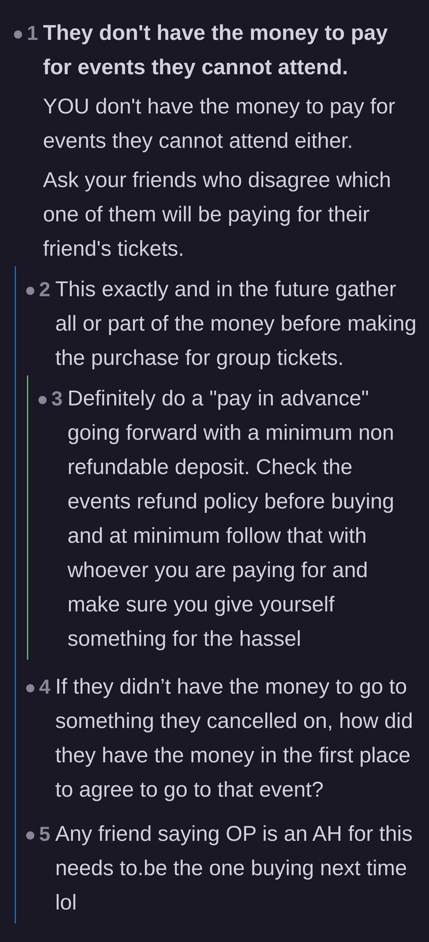 Comment thread 2 - Questioning the logic of the friend's budget and challenging the rest of the group to pay