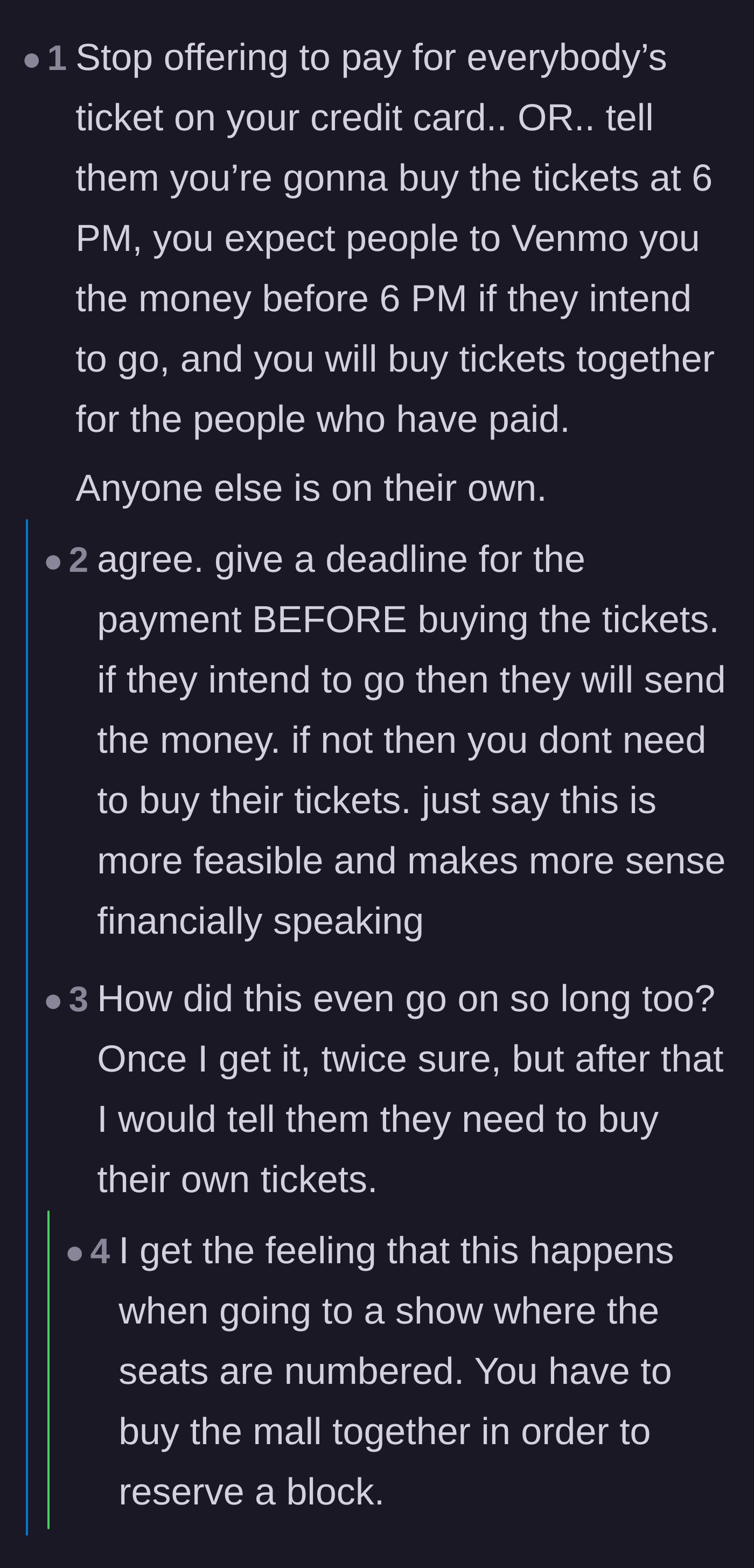 Comment thread 3 - Setting strict payment deadlines and discussing how guilt is used to manipulate the group