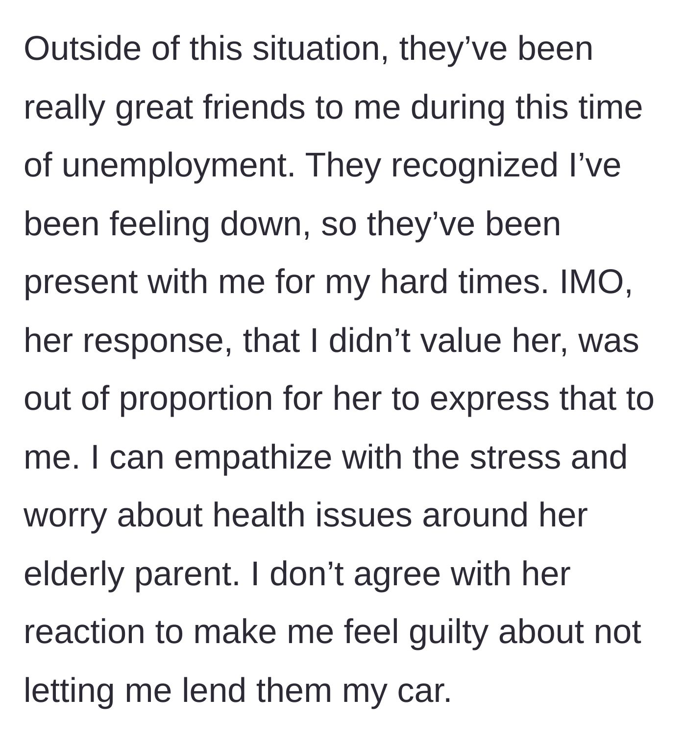 Story part 7 - Reflecting on their normally supportive friendship and the unfairness of the guilt trip.