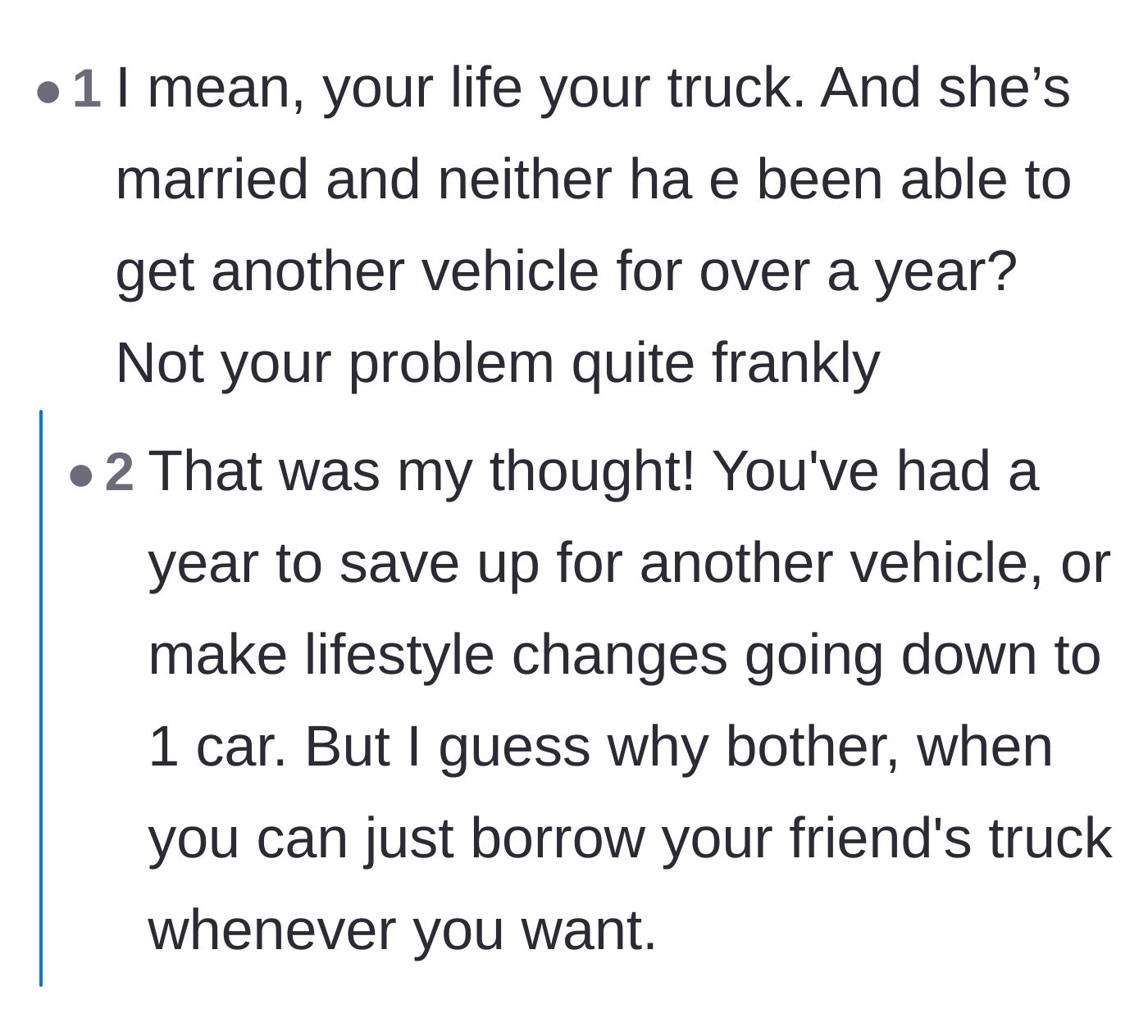 Comment thread 1 - Pointing out that the friends have had over a year to save for a second car.
