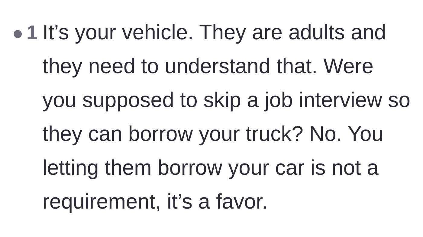Comment thread 4 - Calling out the friends for treating a borrowed car like a mandatory requirement rather than a favor.