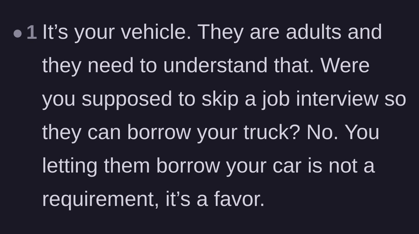 Comment thread 4 - Calling out the friends for treating a borrowed car like a mandatory requirement rather than a favor.