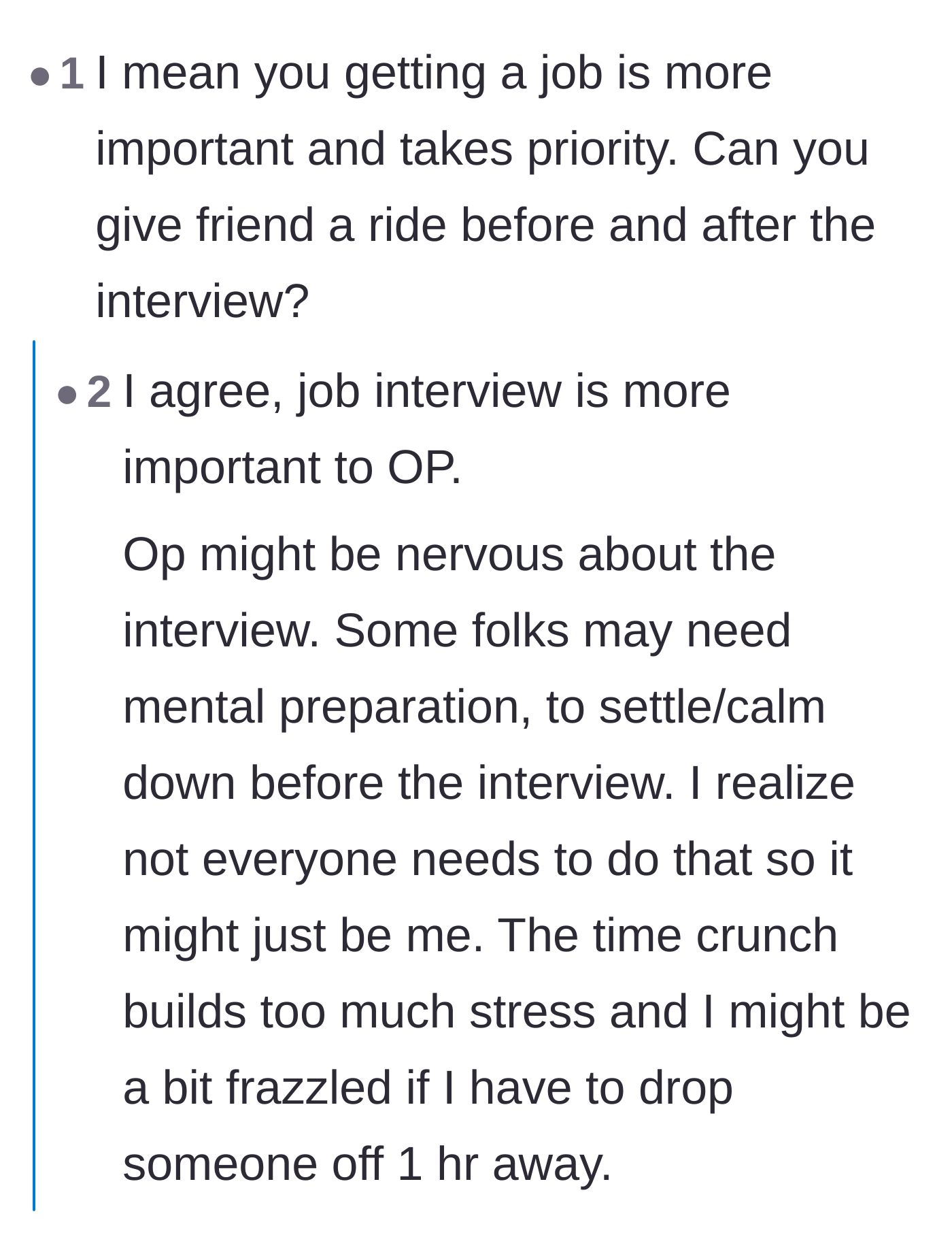 Comment thread 5 - Discussing the mental preparation and stress involved in getting ready for a vital job interview.