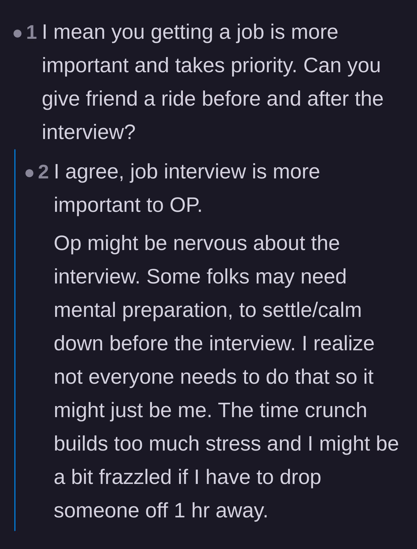 Comment thread 5 - Discussing the mental preparation and stress involved in getting ready for a vital job interview.