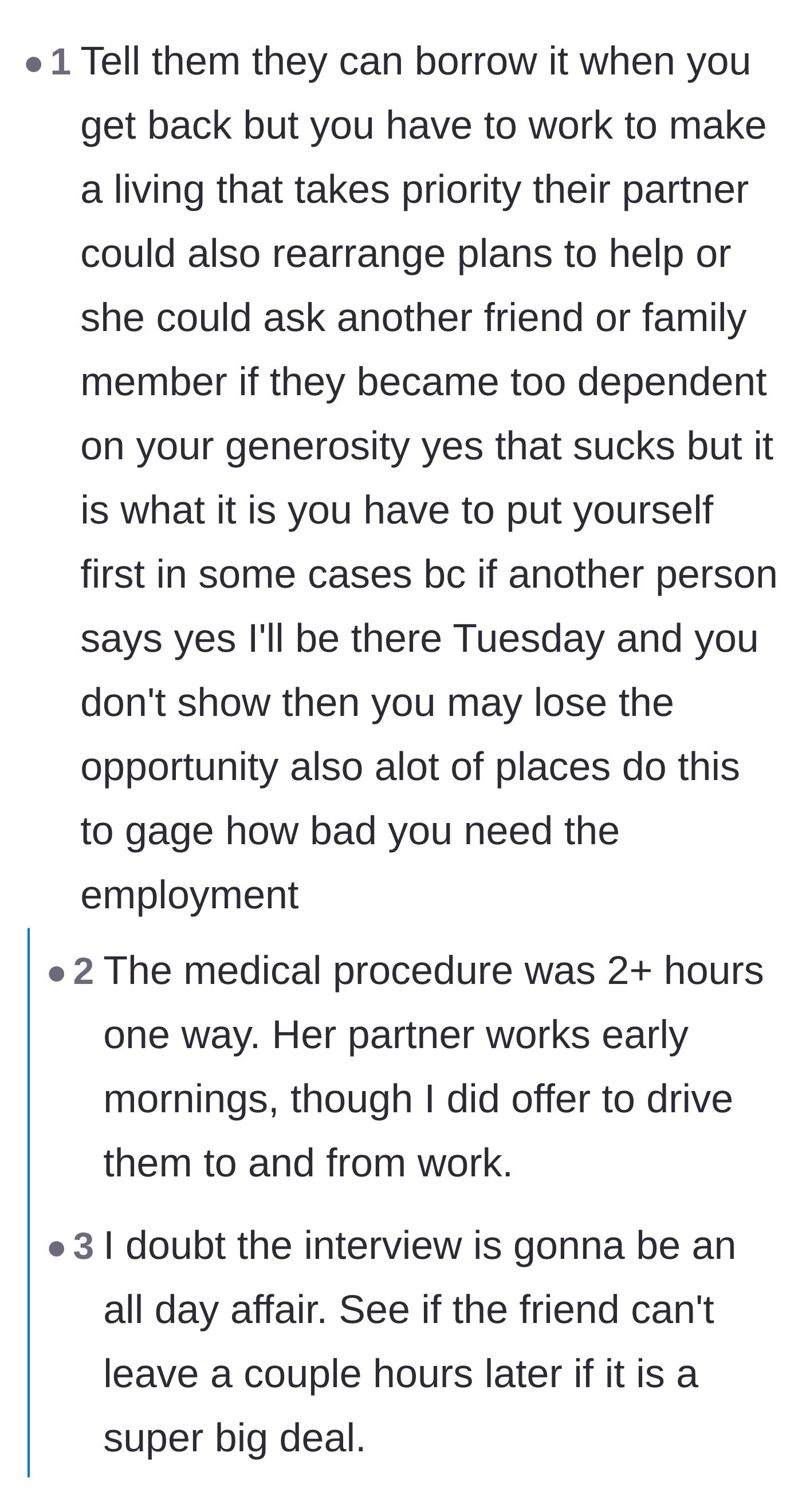 Comment thread 6 - Revealing that the author actually offered to drive the husband to work and was still met with a guilt trip.