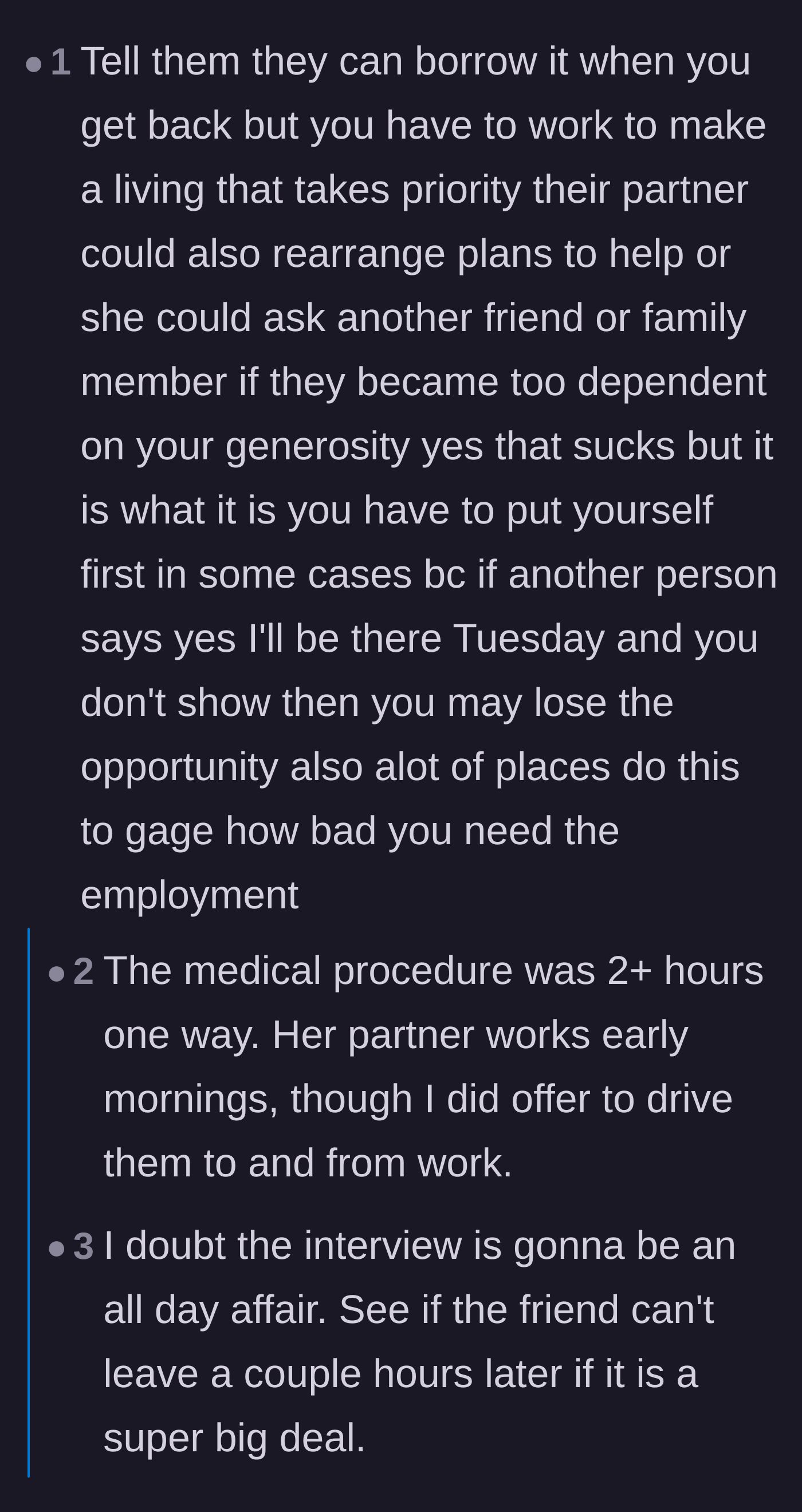 Comment thread 6 - Revealing that the author actually offered to drive the husband to work and was still met with a guilt trip.