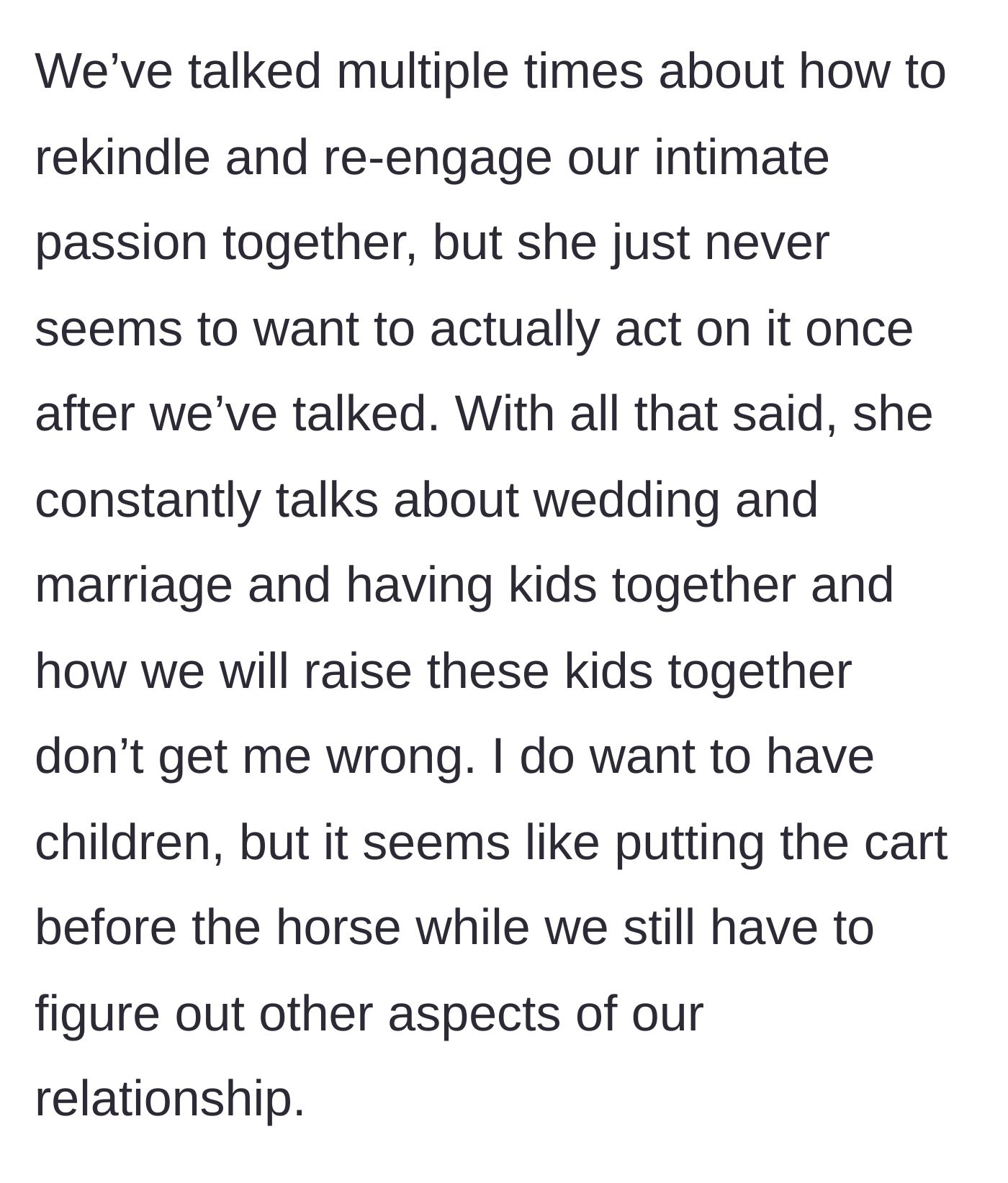 Story part 3 - The couple discusses intimacy without acting on it, while the fiancé aggressively plans a wedding and children despite the disconnect.