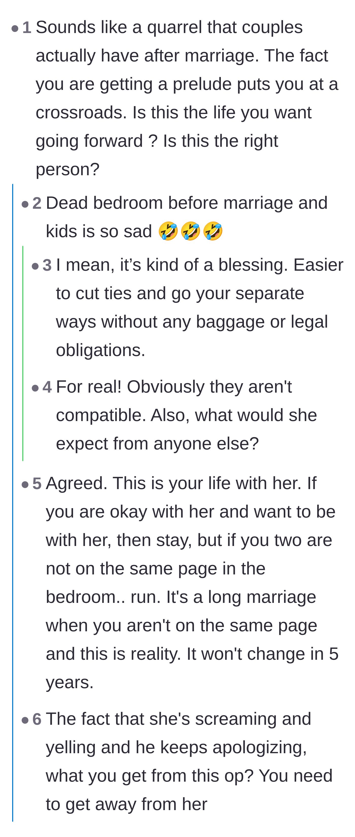 Comment thread 1 - Discussion on how pre-marriage intimacy issues are a warning sign and debates over how unemployment shifts the division of labor.
