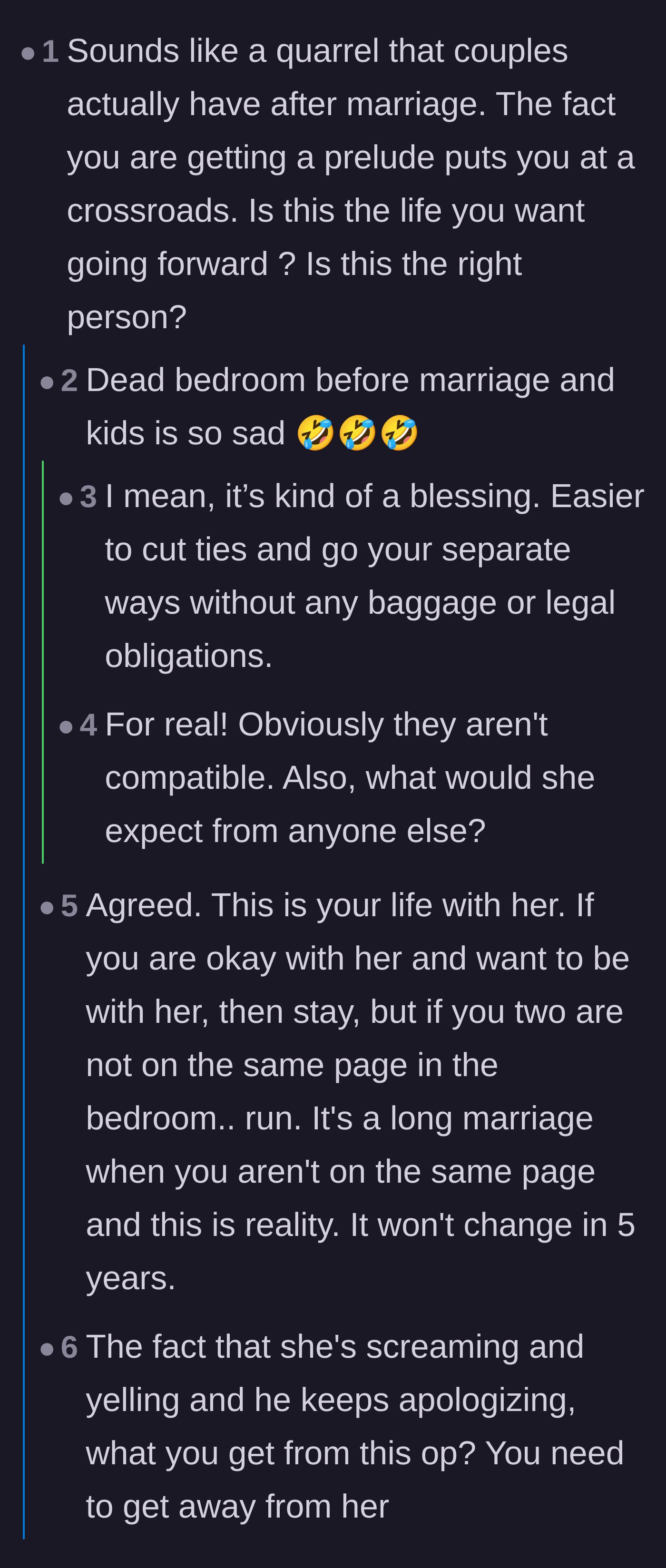 Comment thread 1 - Discussion on how pre-marriage intimacy issues are a warning sign and debates over how unemployment shifts the division of labor.
