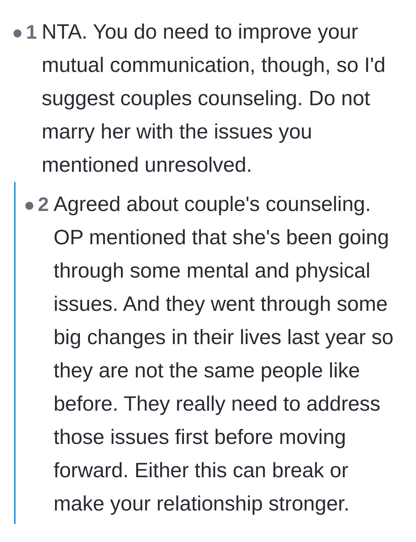 Comment thread 2 - Advice urging couples counseling to address the fiancé's underlying mental and physical health struggles.